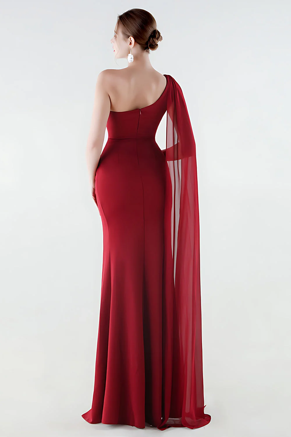One Shoulder Black Mermaid Side Slit Evening Dress with Streamer - Image 7