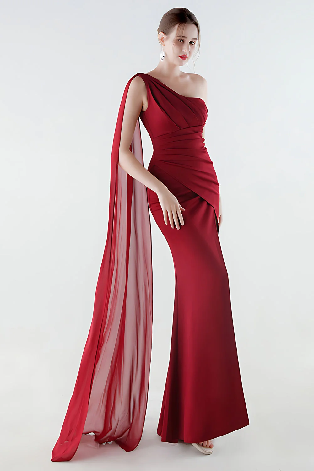 One Shoulder Black Mermaid Side Slit Evening Dress with Streamer - Image 9
