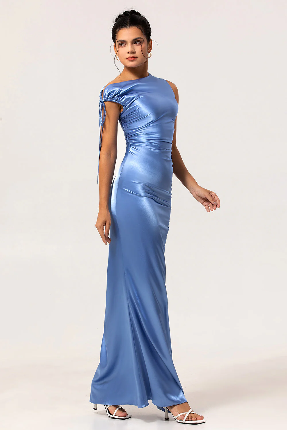 One Shoulder Blue Satin Sheath Bridesmaid Dress with Slit - Image 3