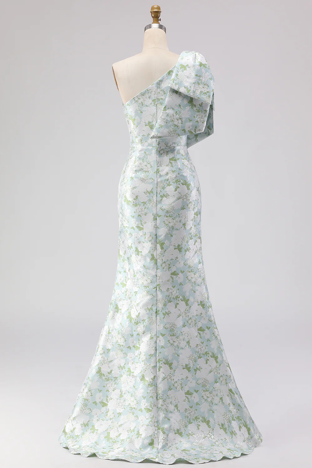 One Shoulder Blue White Flower Mermaid Print Long Bridesmaid Dress with Bow - Image 2