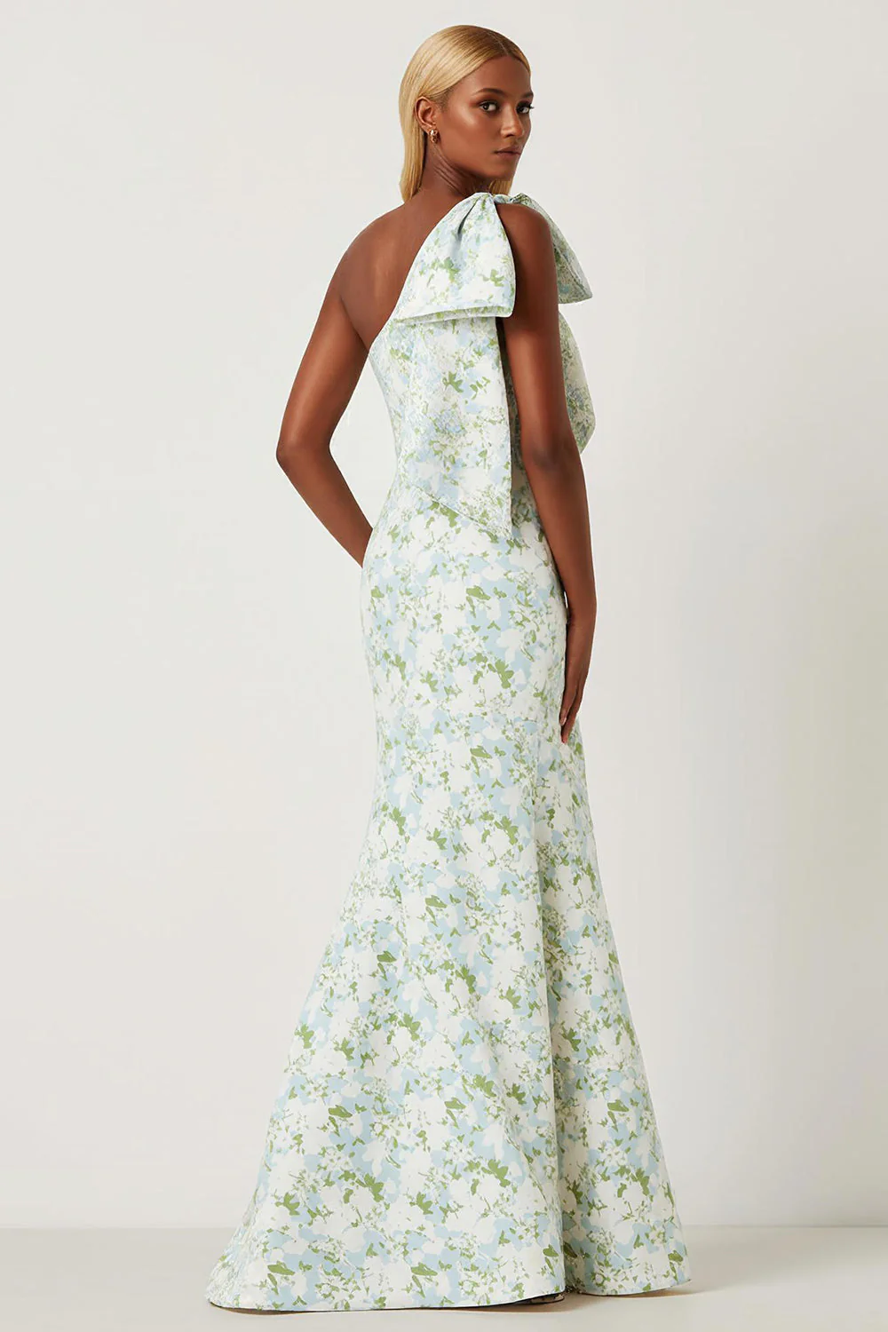 Blue White Flower One Shoulder Mermaid Print Long Bridesmaid Dress with Bow - Image 2