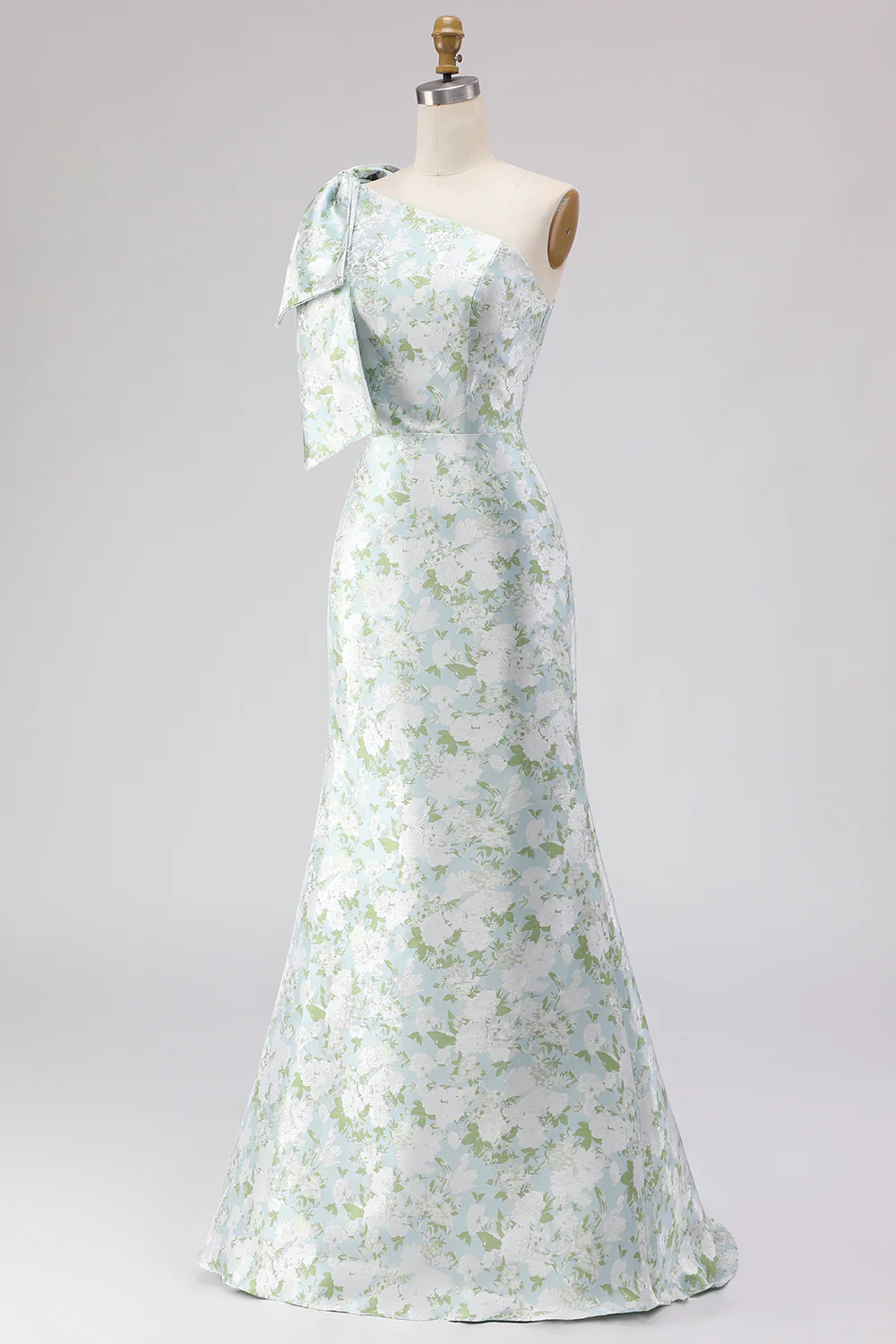 One Shoulder Blue White Flower Mermaid Print Long Bridesmaid Dress with Bow - Image 5