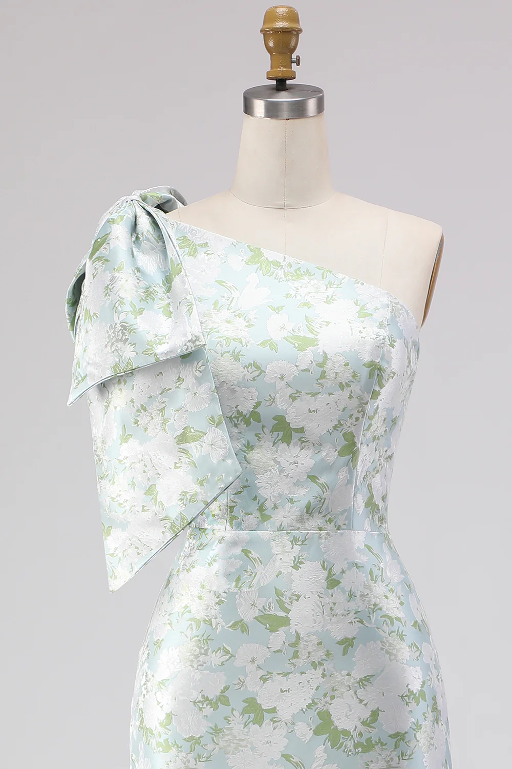 One Shoulder Blue White Flower Mermaid Print Long Bridesmaid Dress with Bow - Image 6