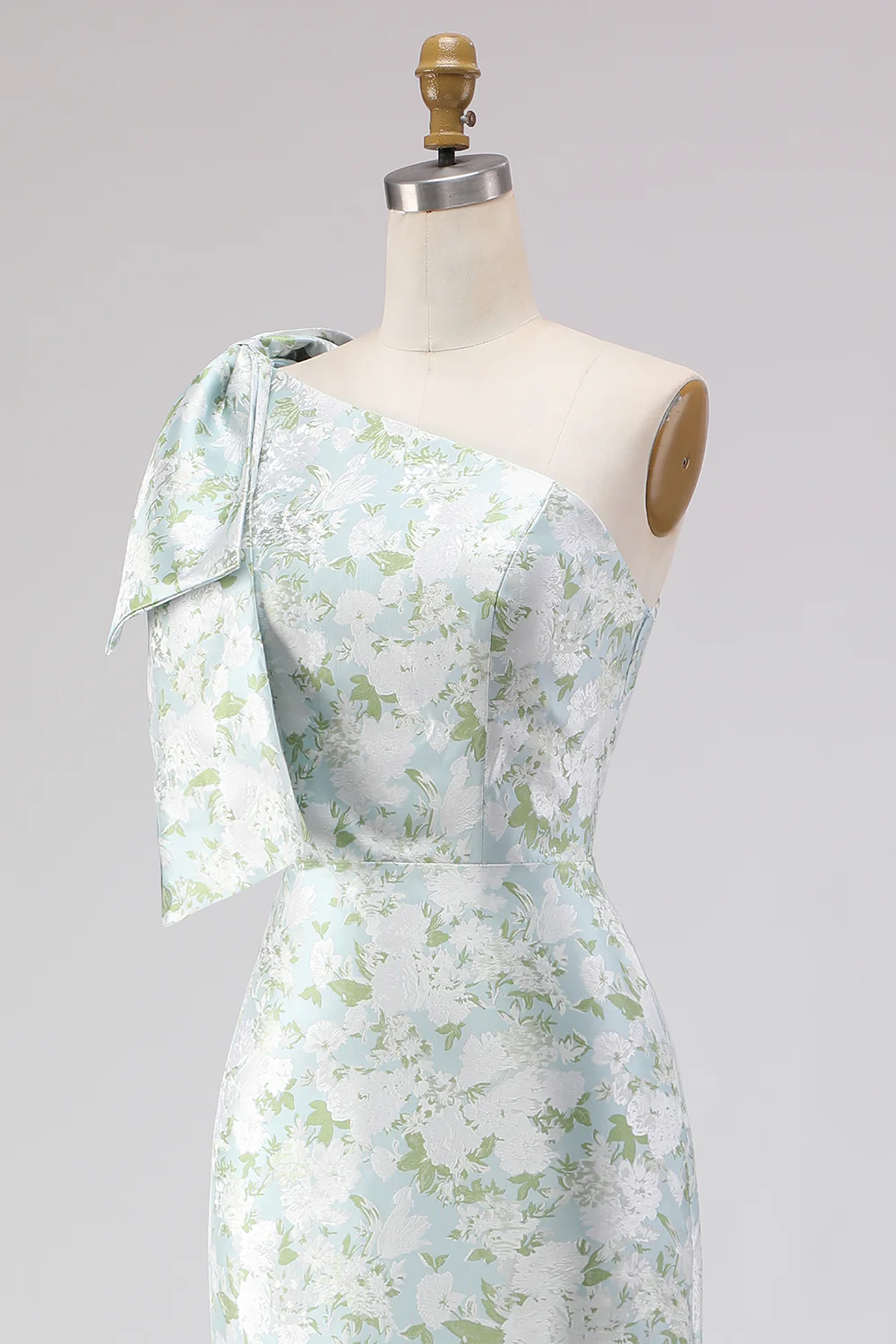 One Shoulder Blue White Flower Mermaid Print Long Bridesmaid Dress with Bow - Image 8
