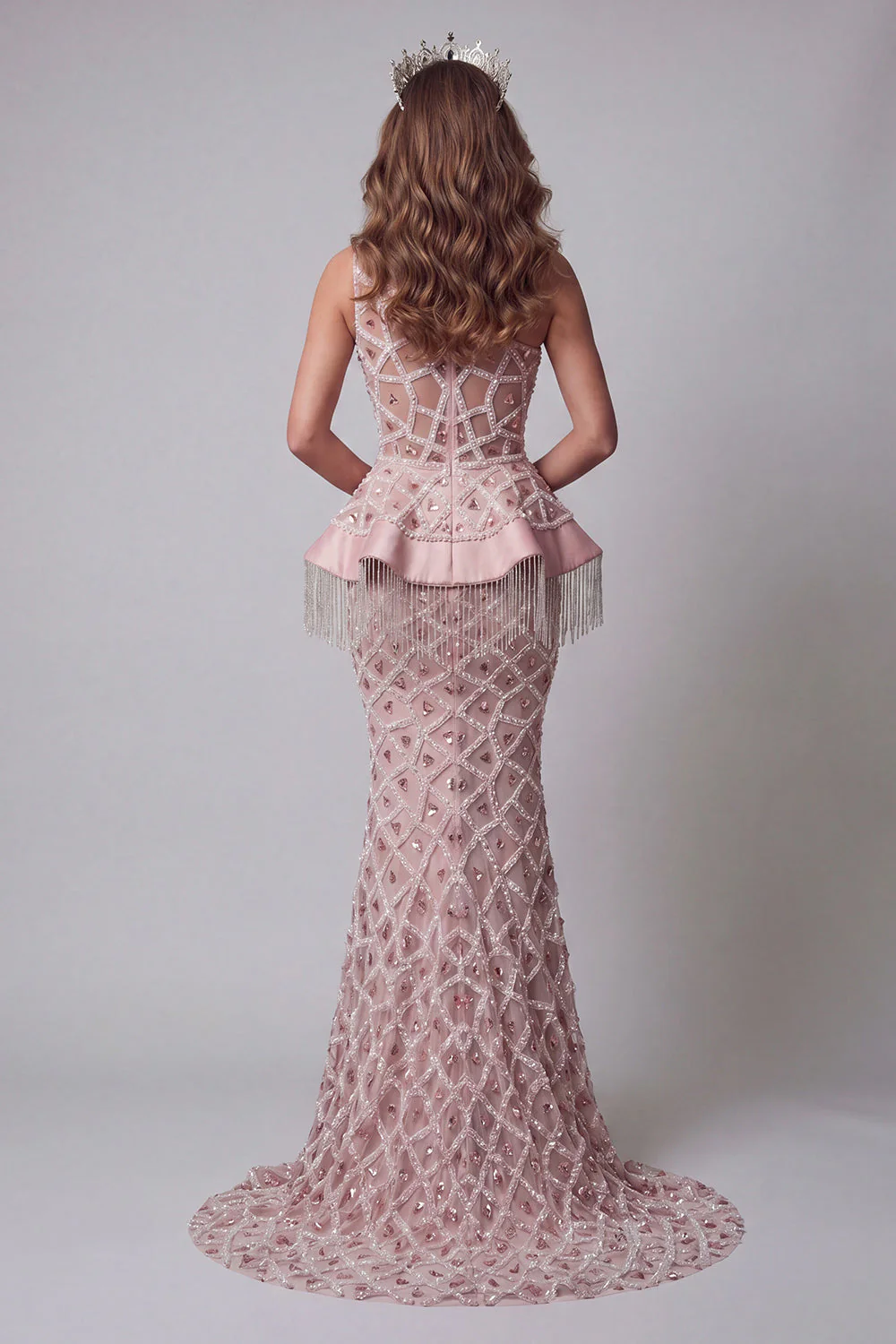 One Shoulder Blush Mermaid Sequin Long Evening Dress with Tassel - Image 2