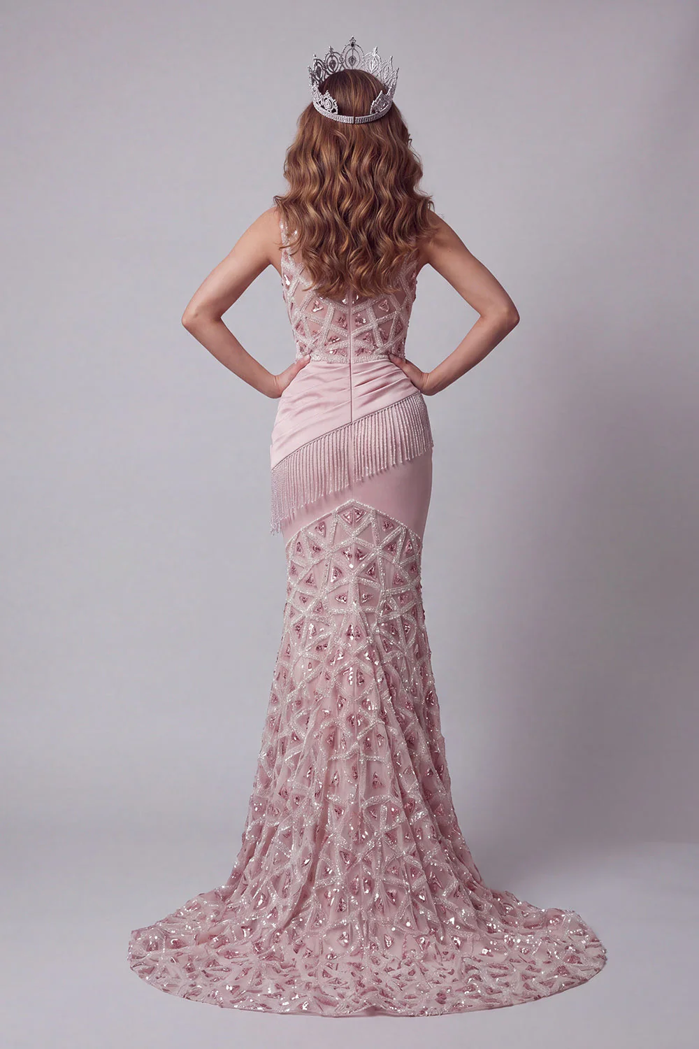 One Shoulder Blush Mermaid Pleated Sequin Evening Dress with Tassel - Image 2