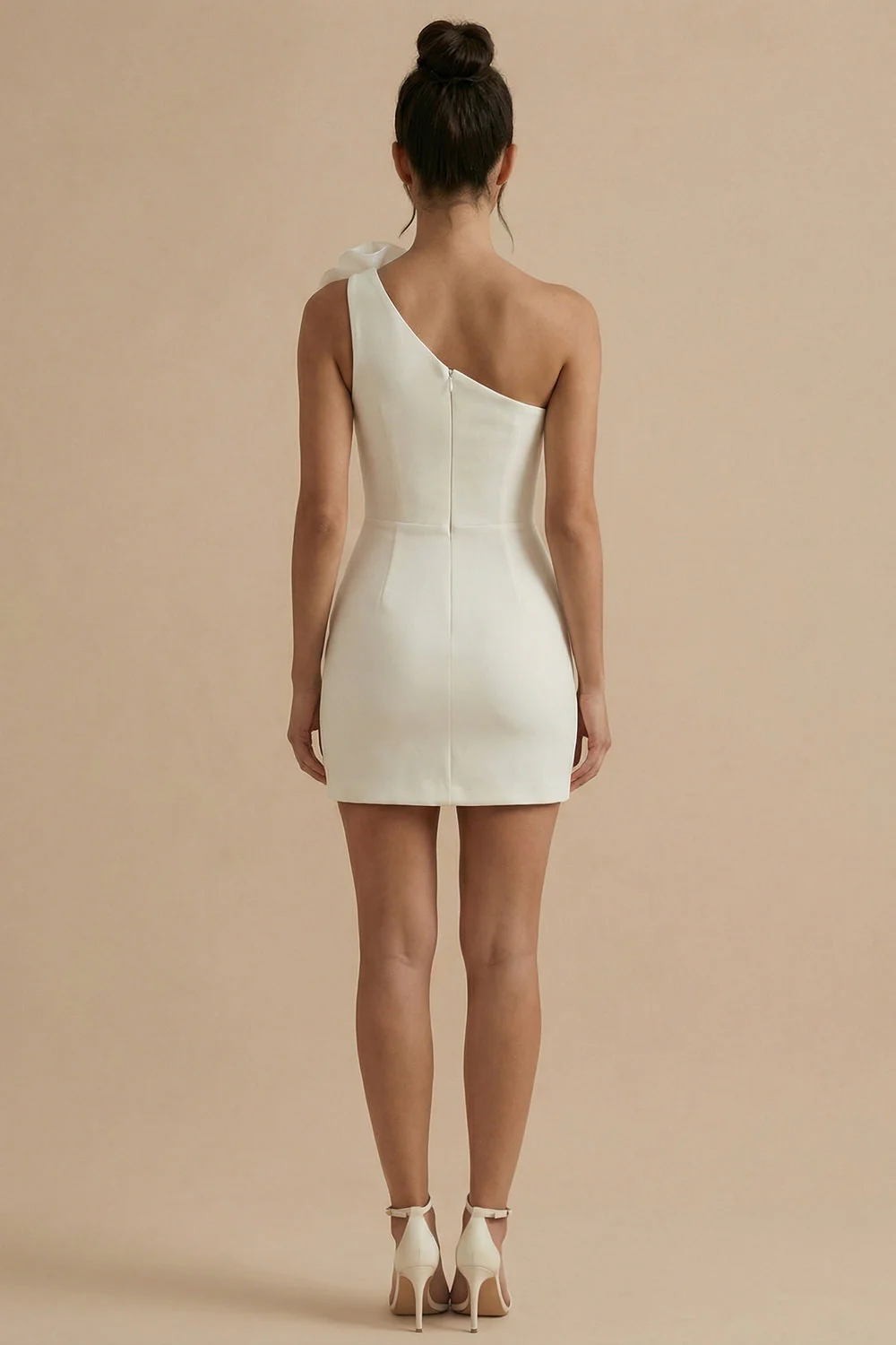 One Shoulder Bodycon Little White Dress with 3D Flowers - Image 2