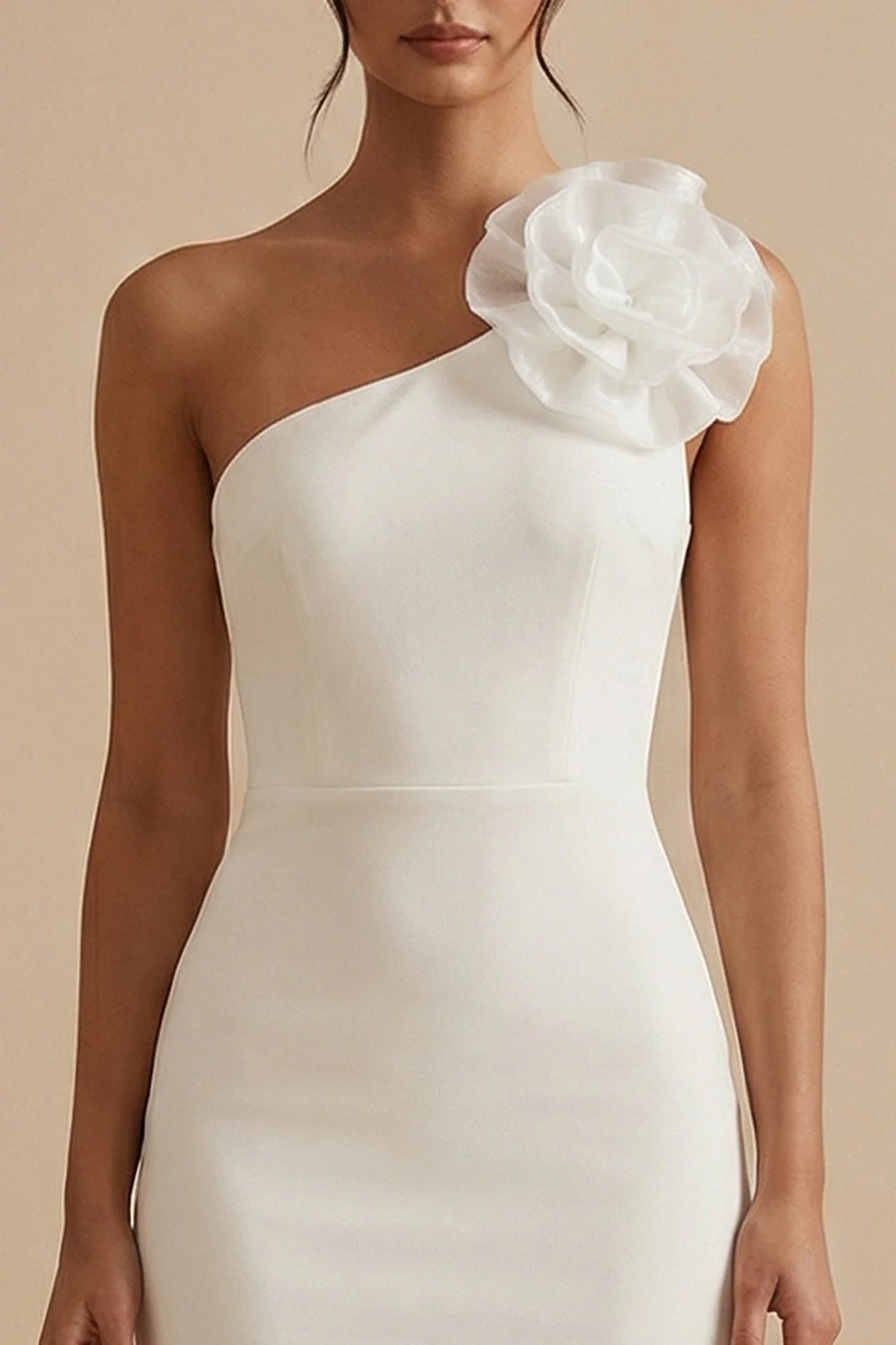 One Shoulder Bodycon Little White Dress with 3D Flowers - Image 3