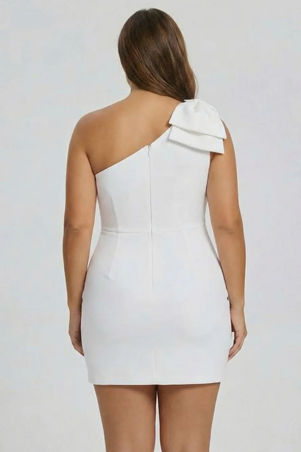 One Shoulder Bow White Bodycon Plus Size Graduation Dress - Image 2
