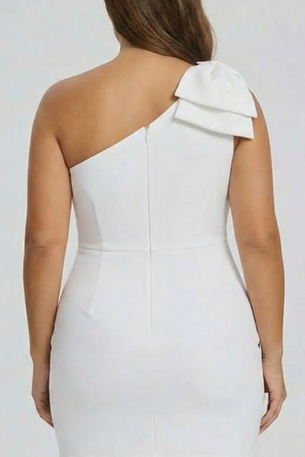 One Shoulder Bow White Bodycon Plus Size Graduation Dress - Image 4