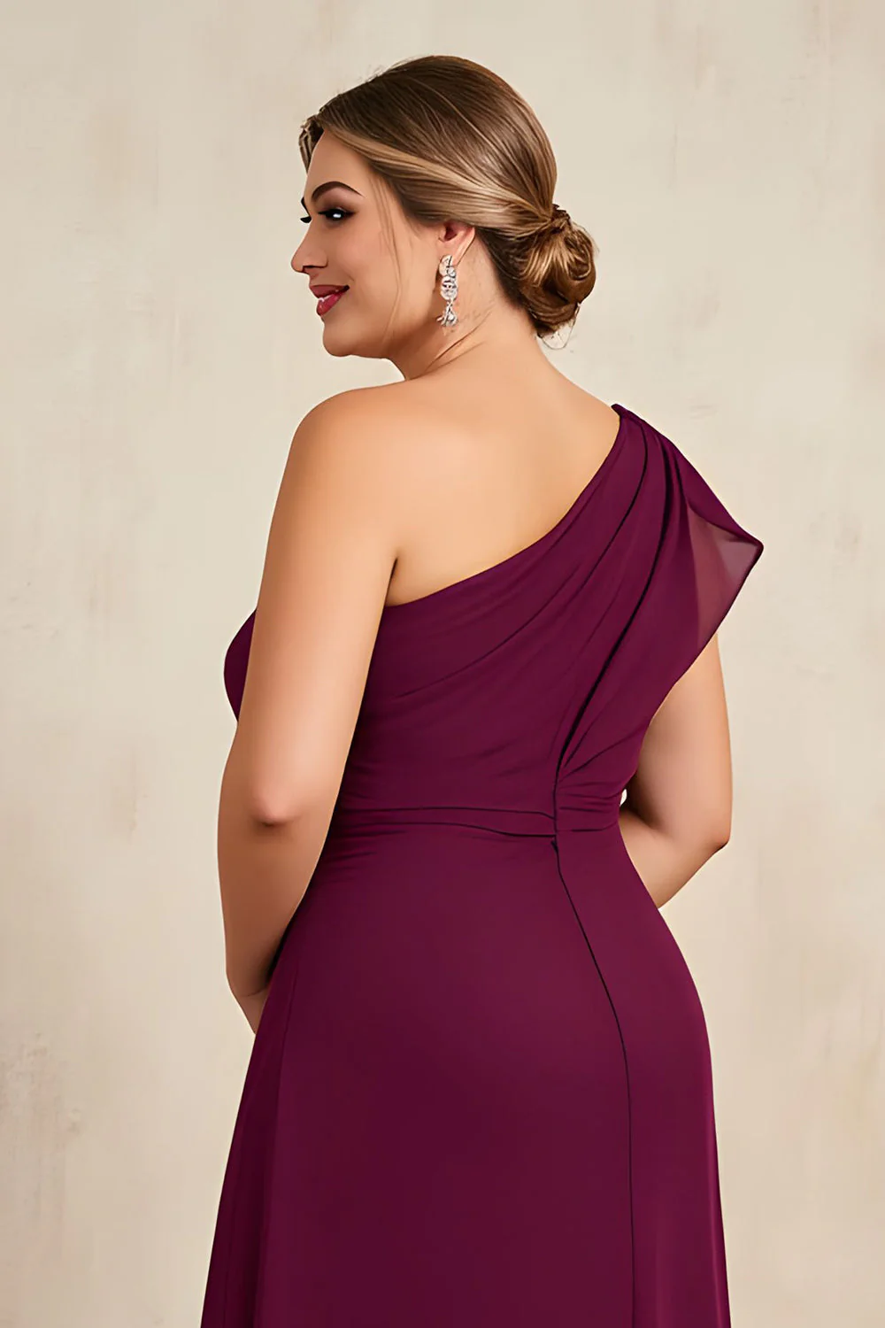 One Shoulder Burgundy Chiffon A-Line Choir Dress with Ruffles - Image 3