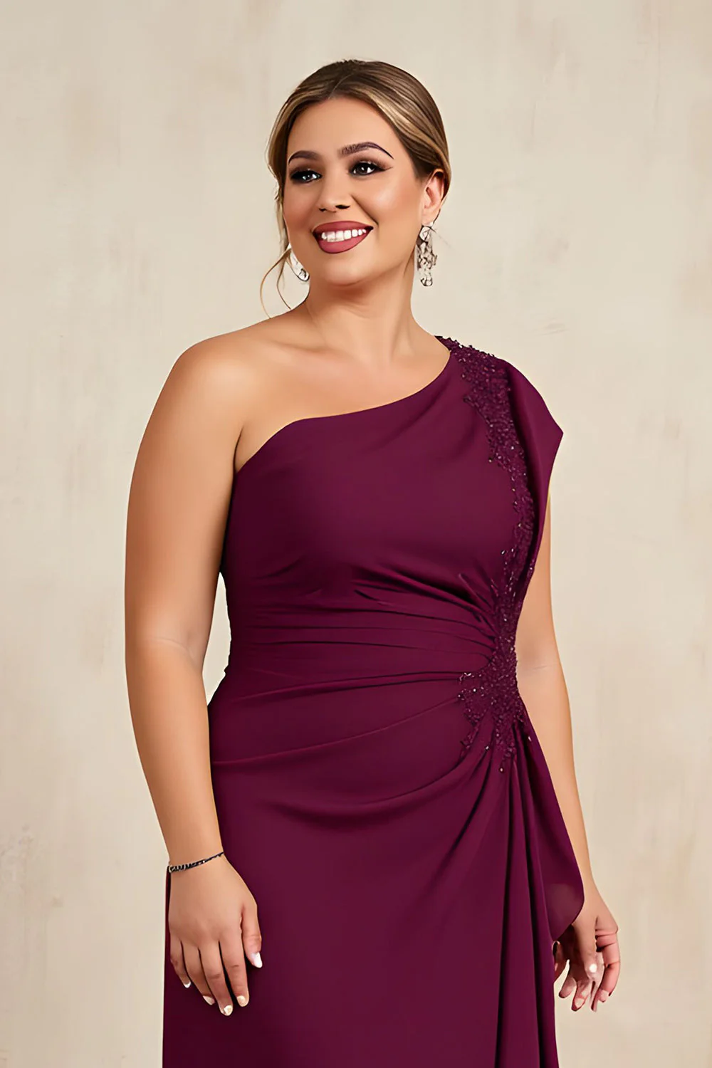 One Shoulder Burgundy Chiffon A-Line Choir Dress with Ruffles - Image 4
