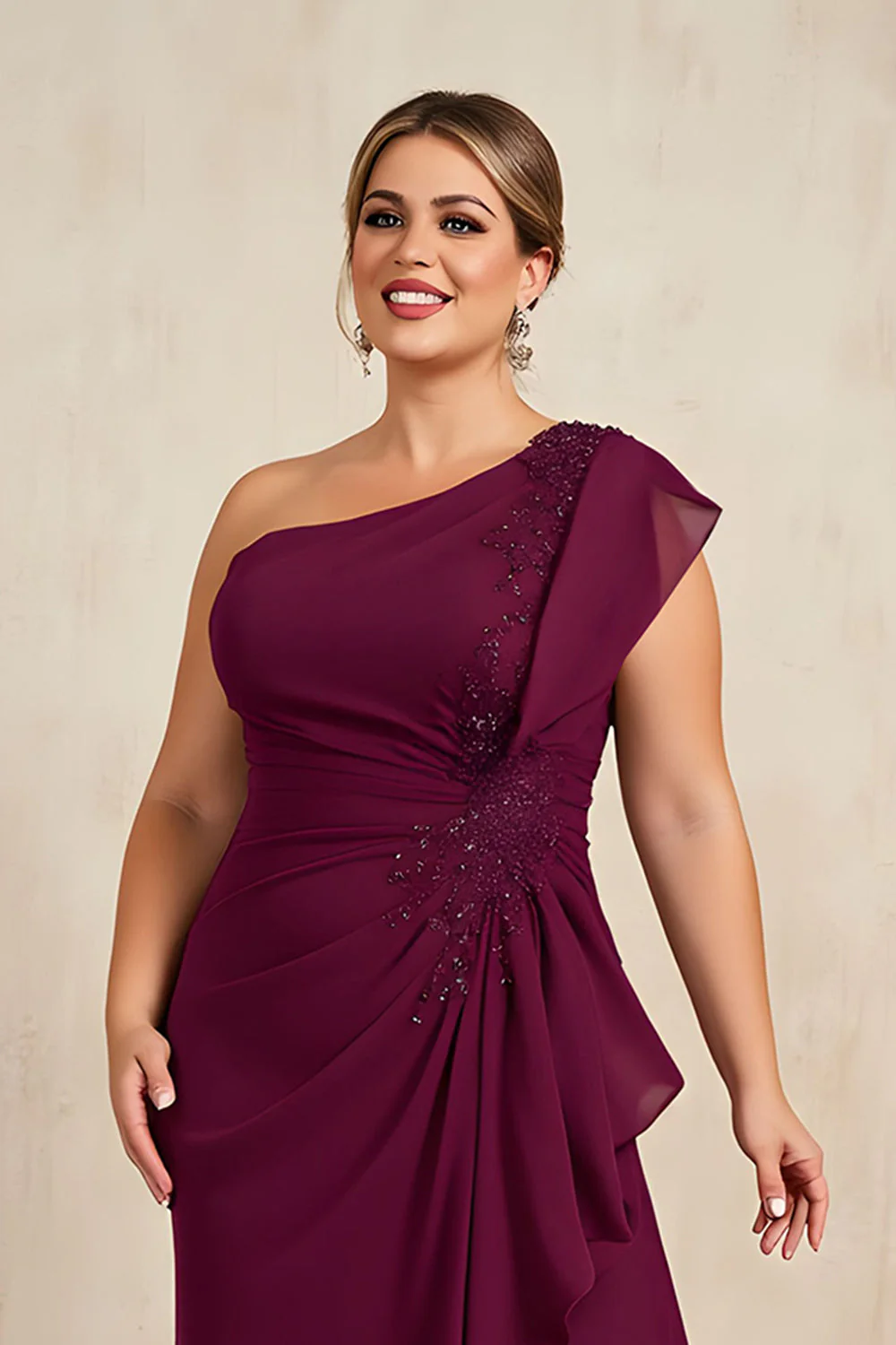 One Shoulder Burgundy Chiffon Mother of the Bride Dress with Appliques - Image 4