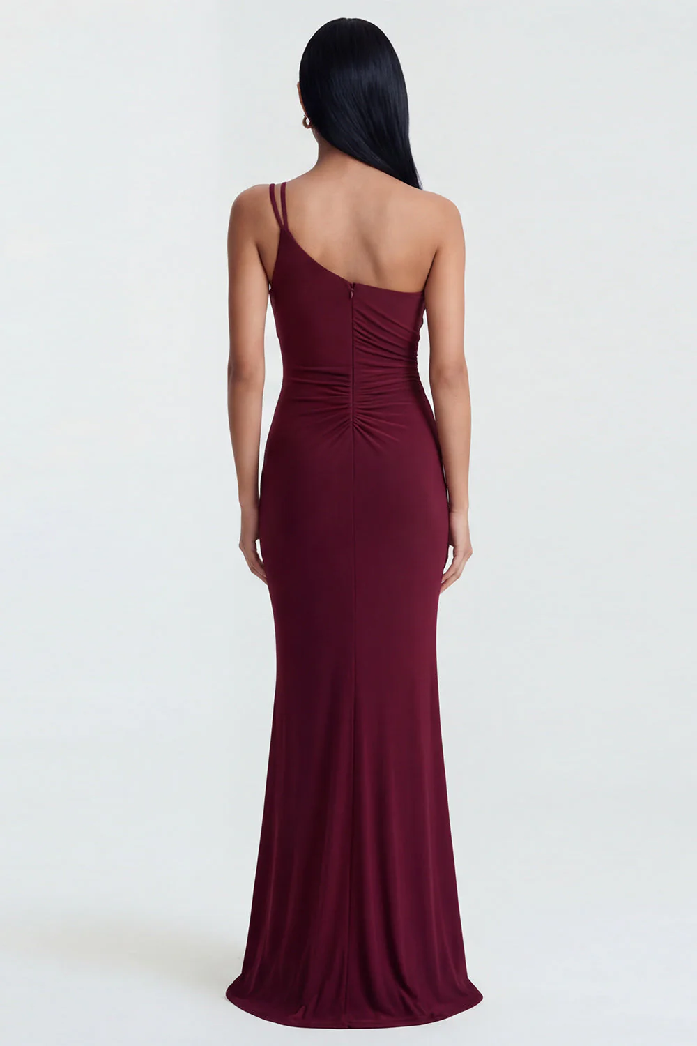 Burgundy One Shoulder Ruched Mermaid Evening Dress - Image 2