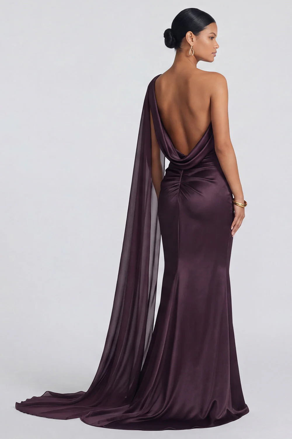 One Shoulder Cabernet Mermaid Elegant Evening Dress with Side Streamer - Image 2