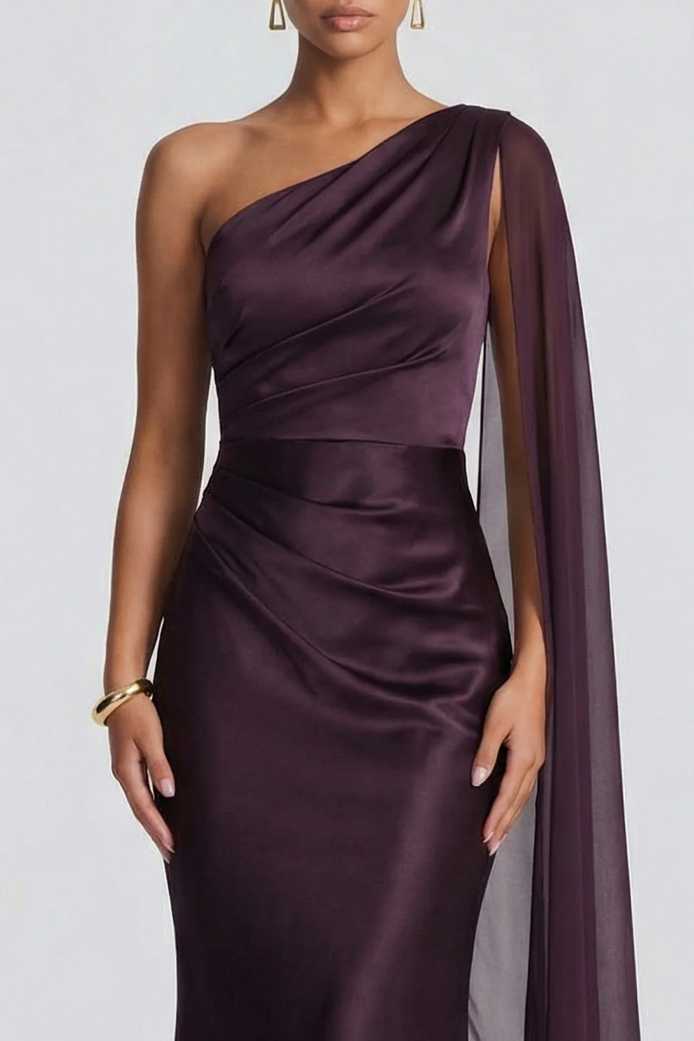 One Shoulder Cabernet Mermaid Elegant Evening Dress with Side Streamer - Image 3