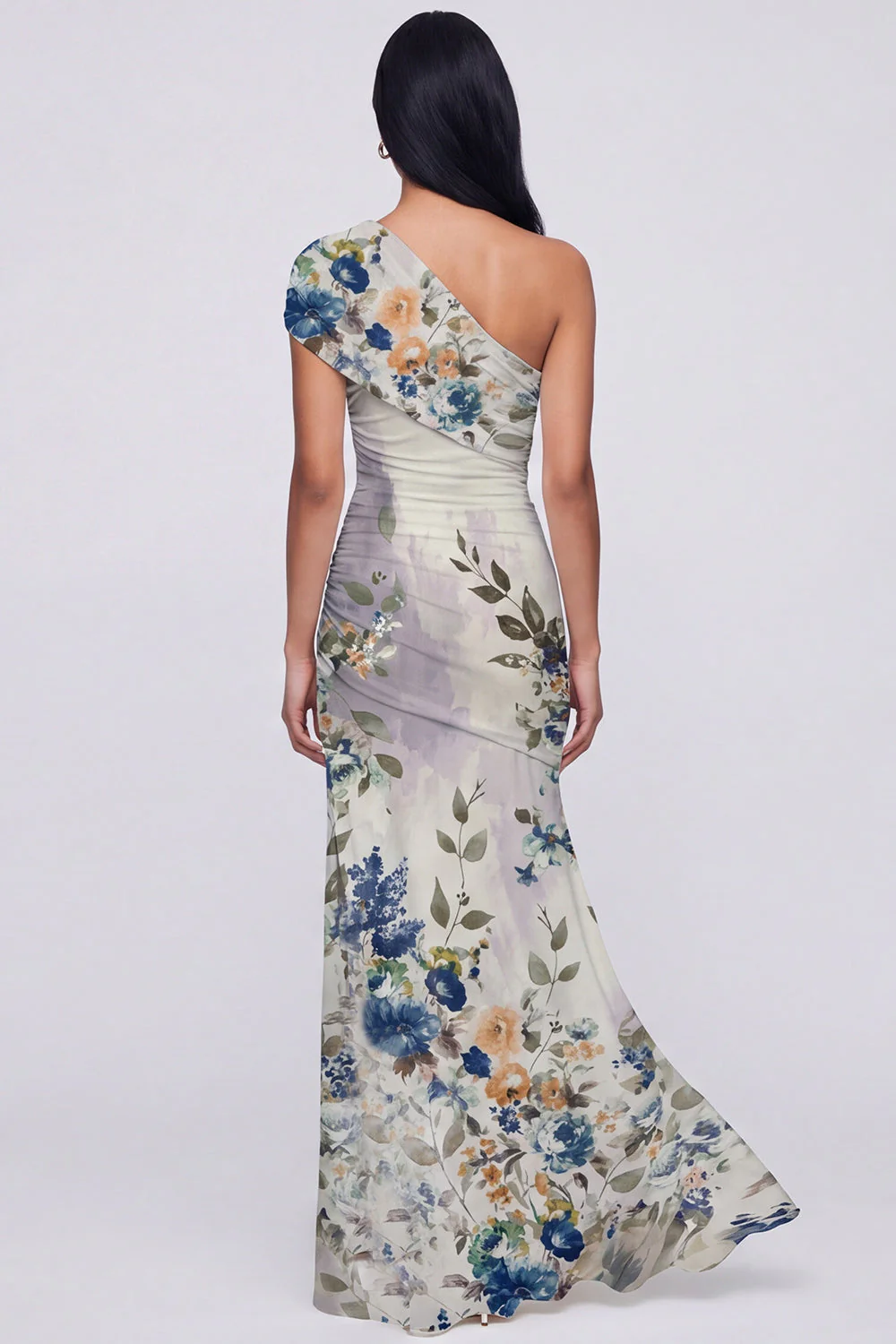 One Shoulder Champagne Sheath Maxi Floral Dress with Slit - Image 10