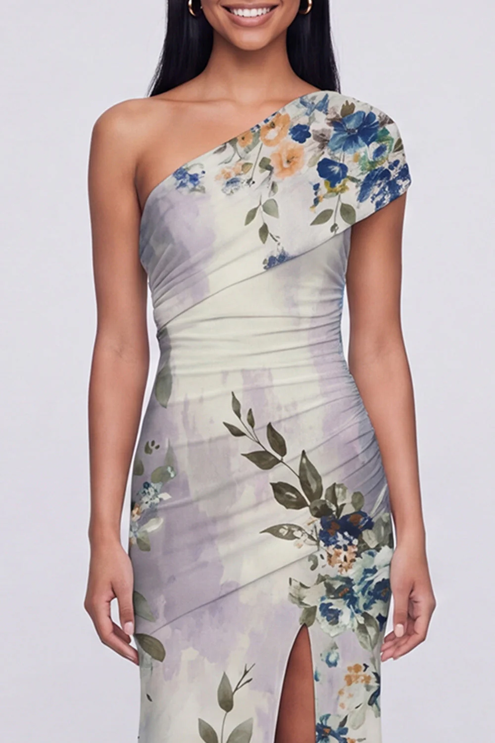 One Shoulder Champagne Sheath Maxi Floral Dress with Slit - Image 11