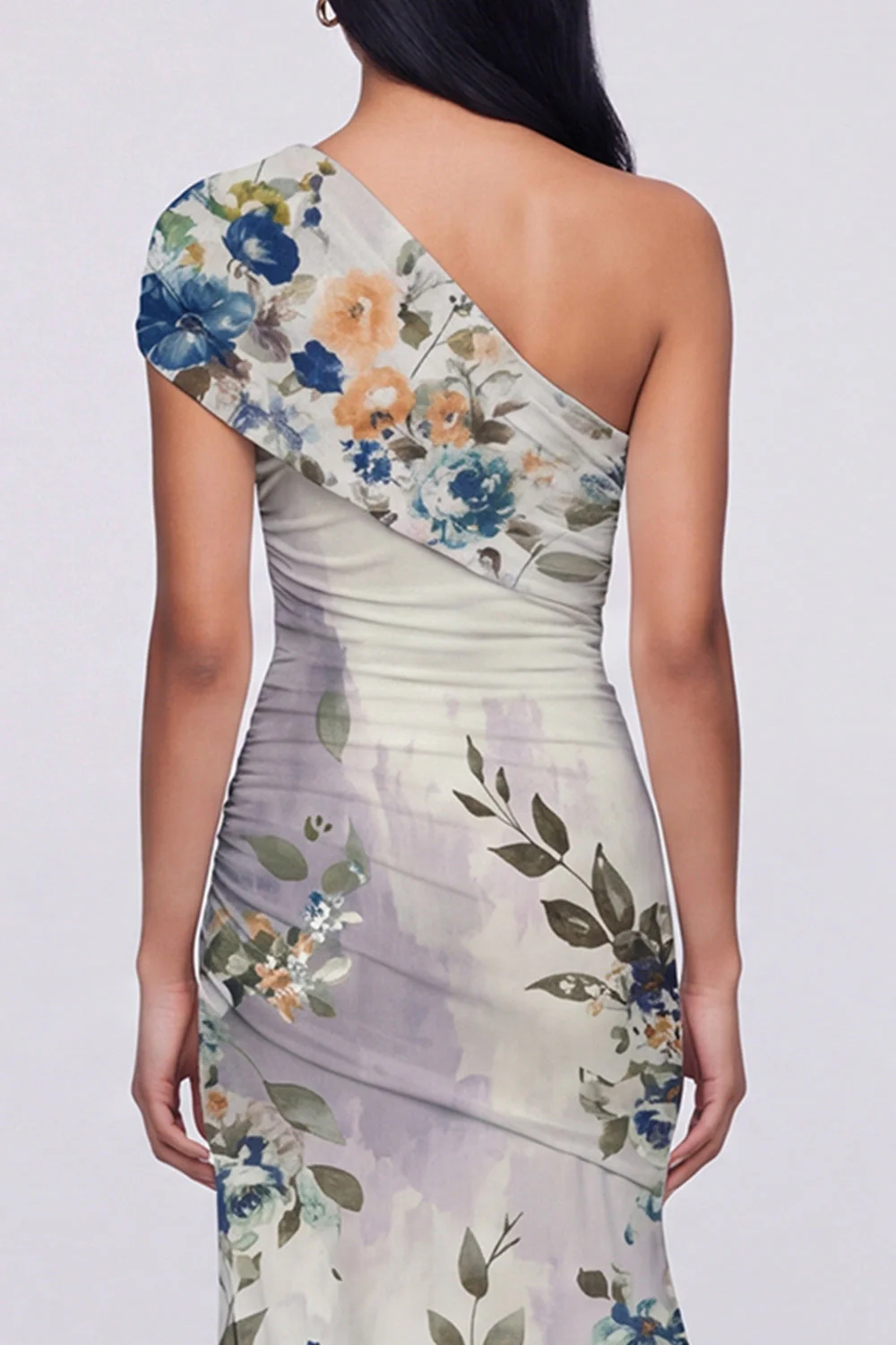 One Shoulder Champagne Sheath Maxi Floral Dress with Slit - Image 12