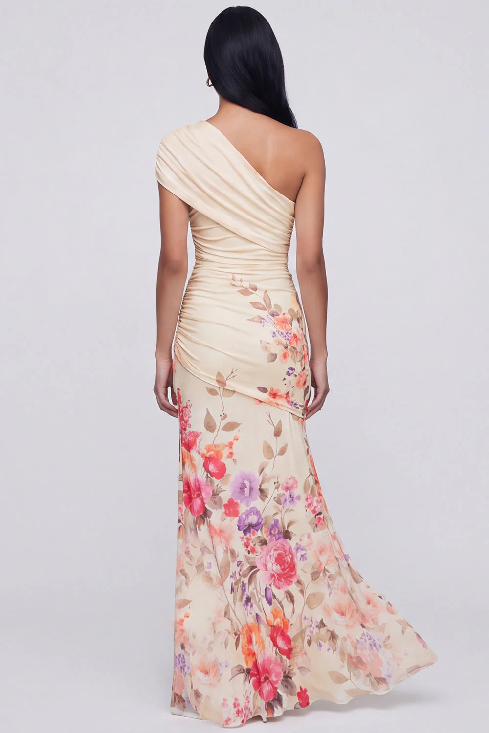 One Shoulder Champagne Sheath Maxi Floral Dress with Slit - Image 2