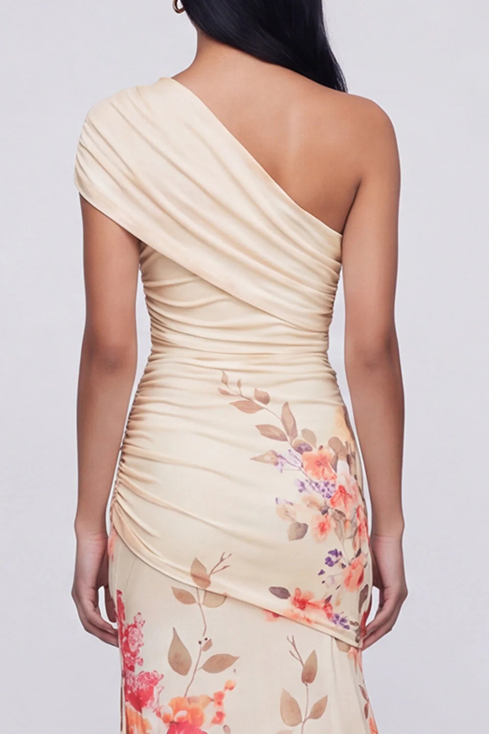 One Shoulder Champagne Sheath Maxi Floral Dress with Slit - Image 4