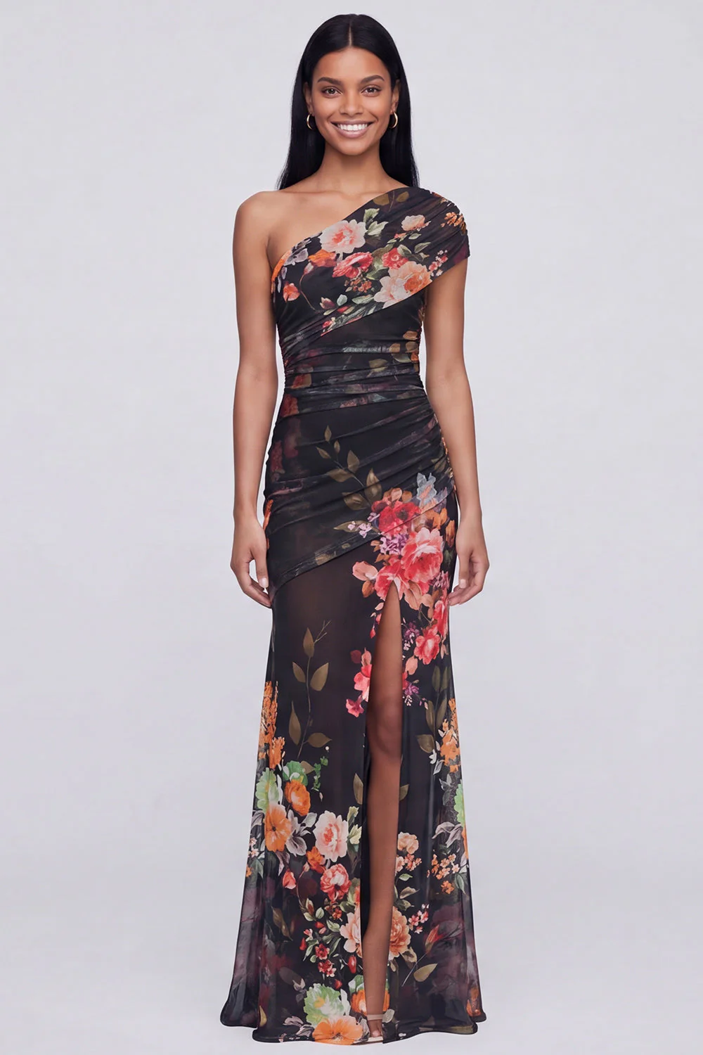 One Shoulder Champagne Sheath Maxi Floral Dress with Slit - Image 5
