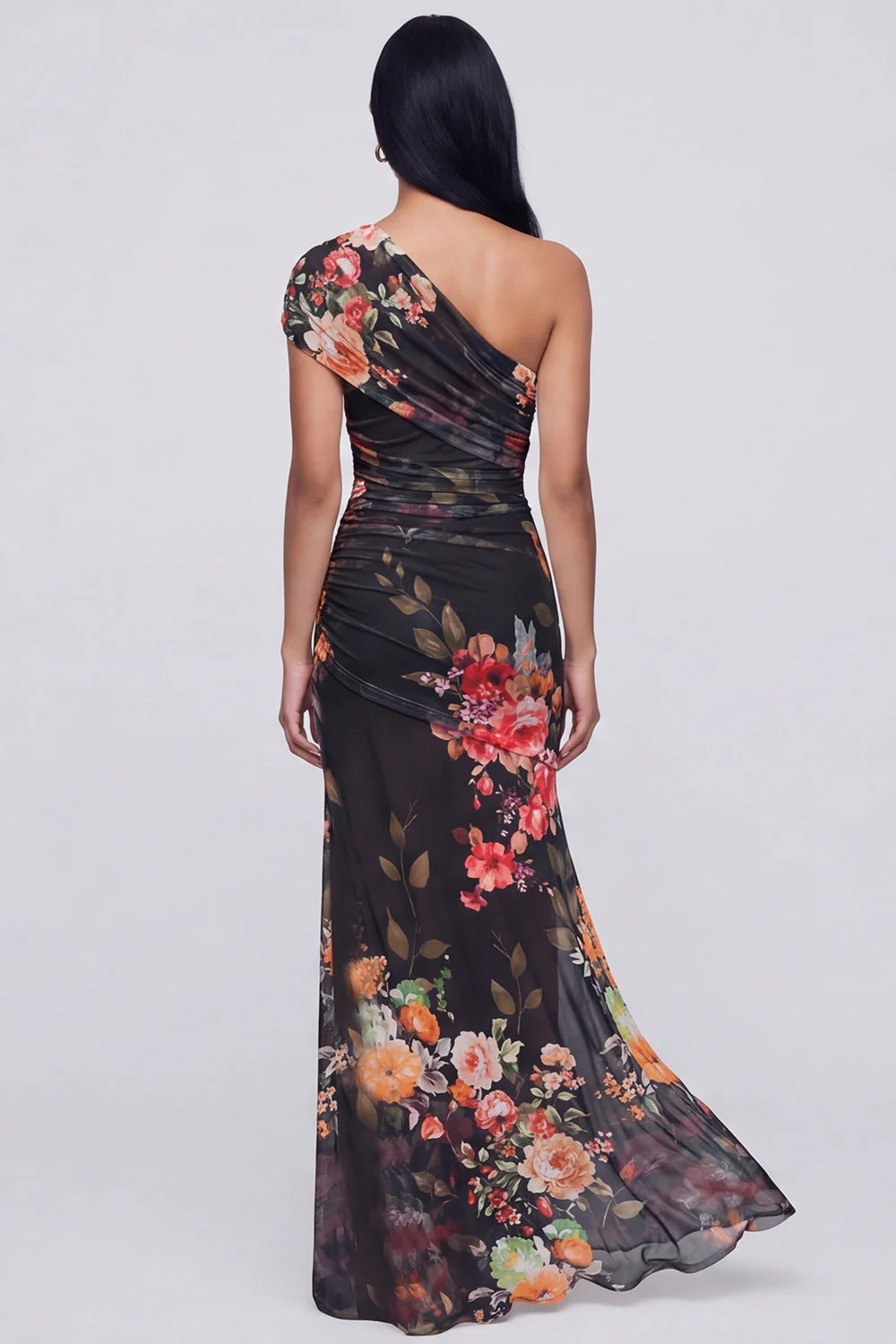 One Shoulder Champagne Sheath Maxi Floral Dress with Slit - Image 6