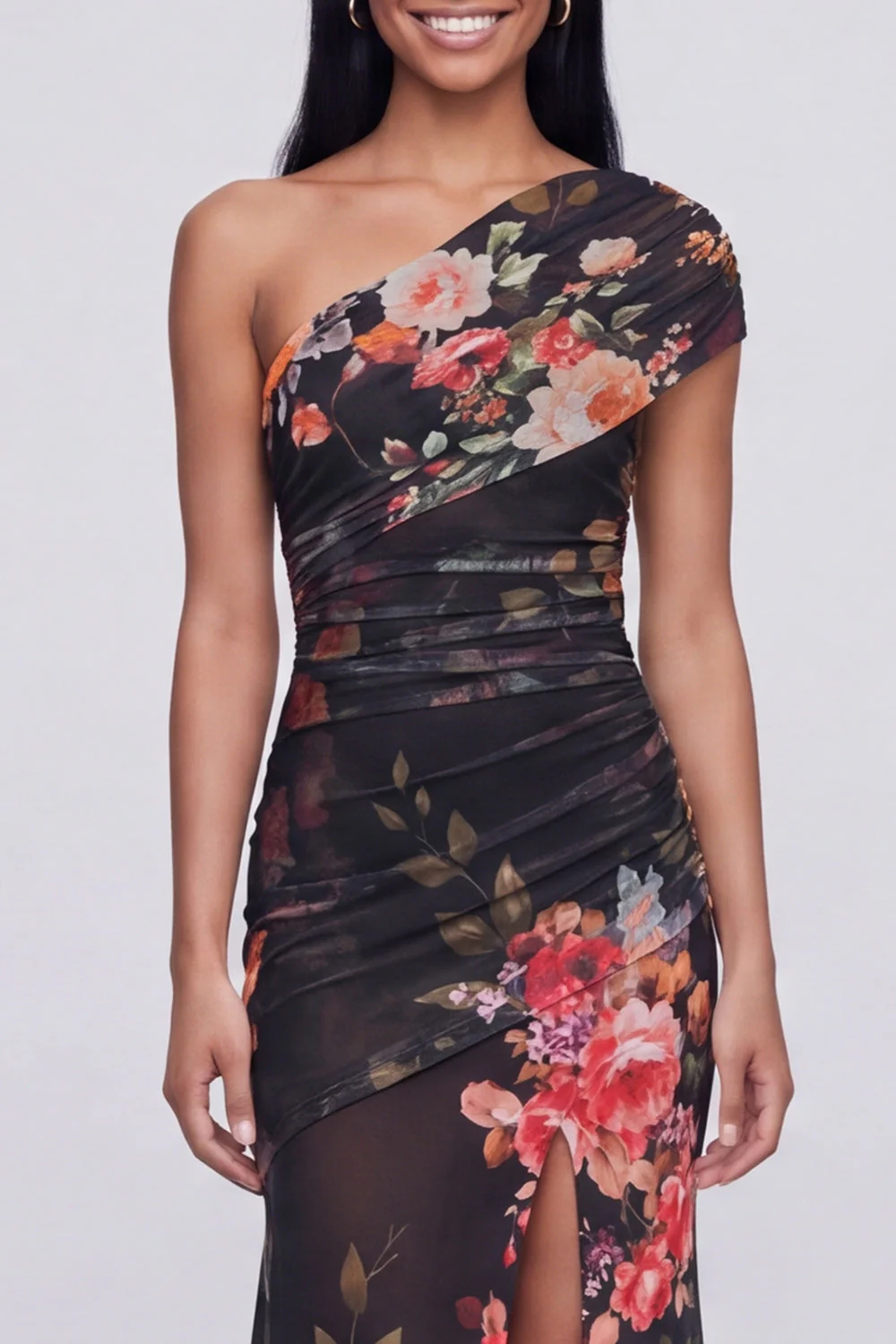 One Shoulder Champagne Sheath Maxi Floral Dress with Slit - Image 7