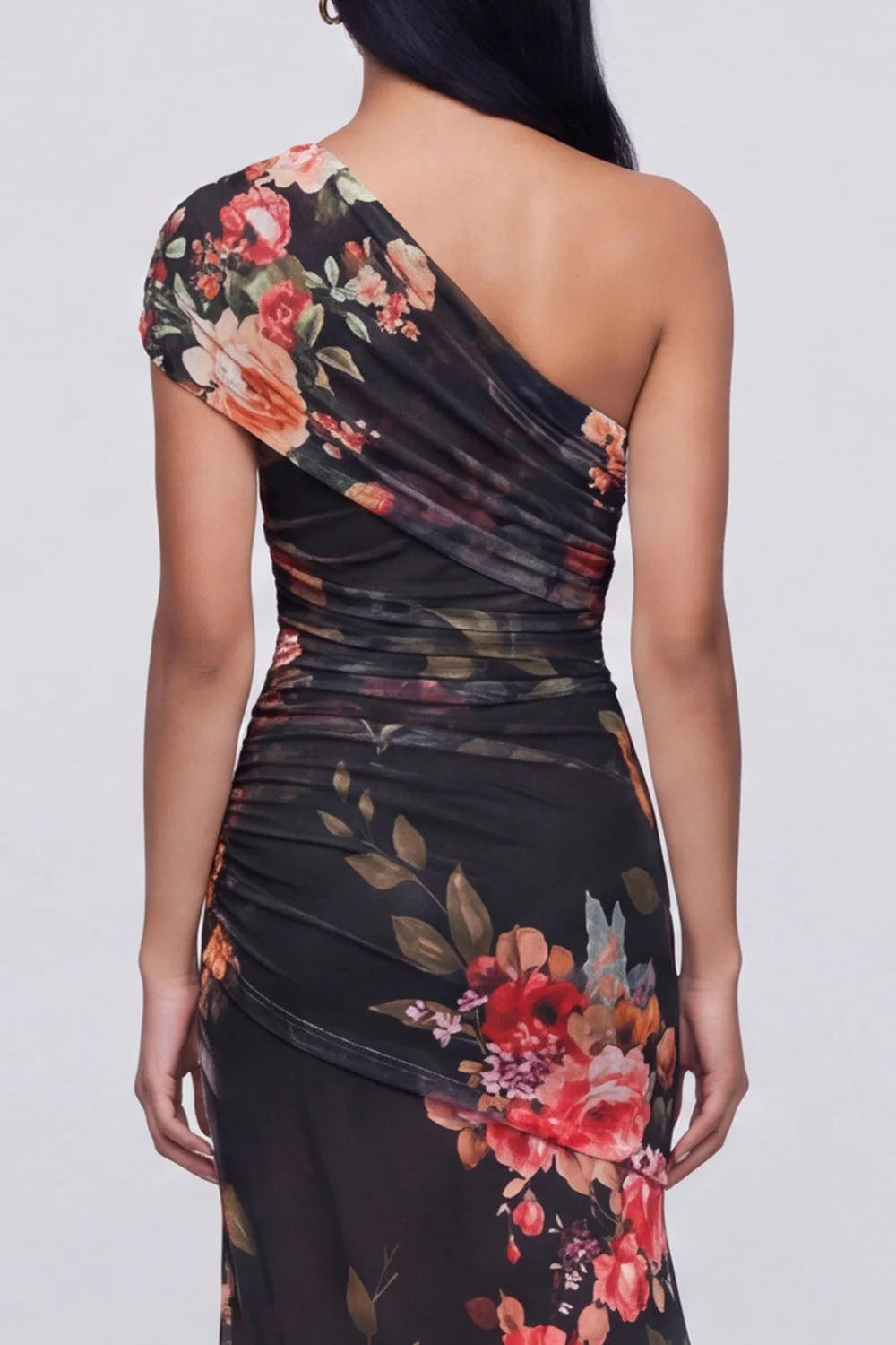 One Shoulder Champagne Sheath Maxi Floral Dress with Slit - Image 8