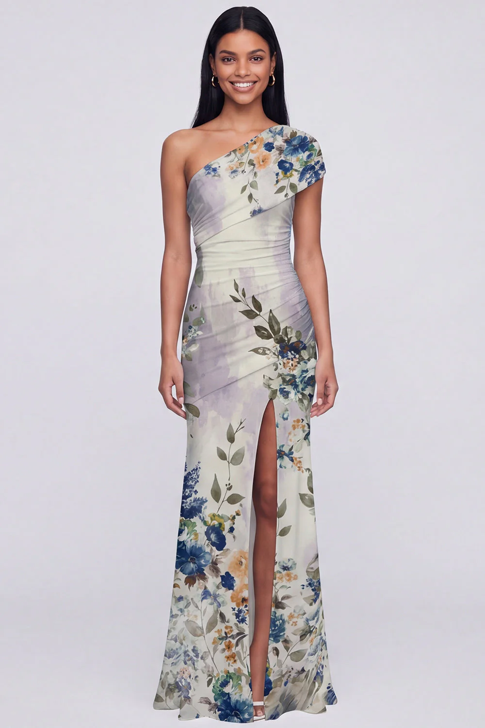 One Shoulder Champagne Sheath Maxi Floral Dress with Slit - Image 9