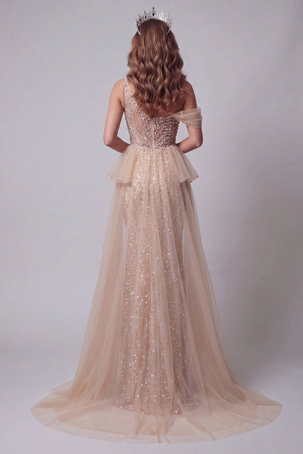 One Shoulder Champagne Beaded Mermiad Evening Dress with Cape - Image 2