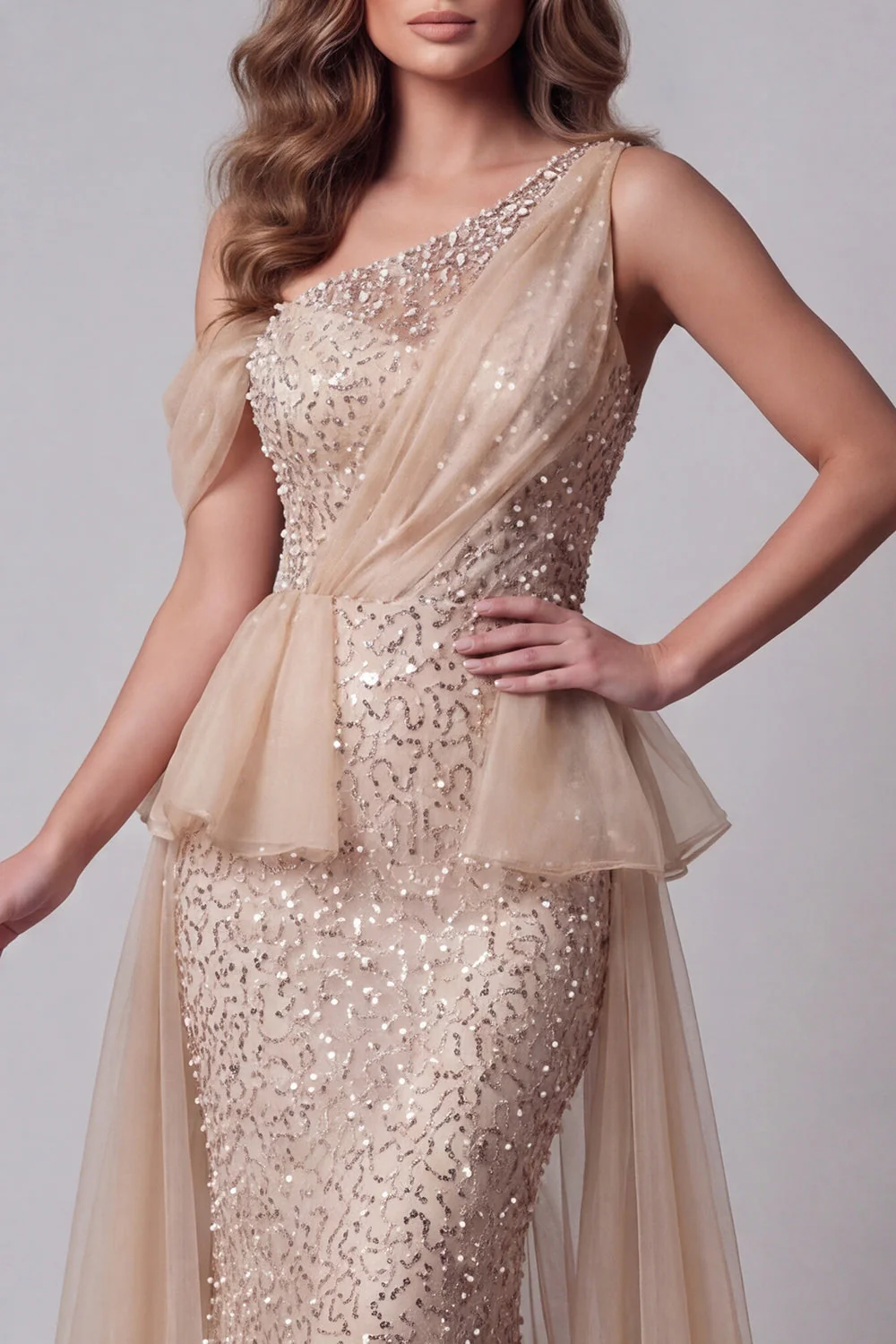 One Shoulder Champagne Beaded Mermiad Evening Dress with Cape - Image 3