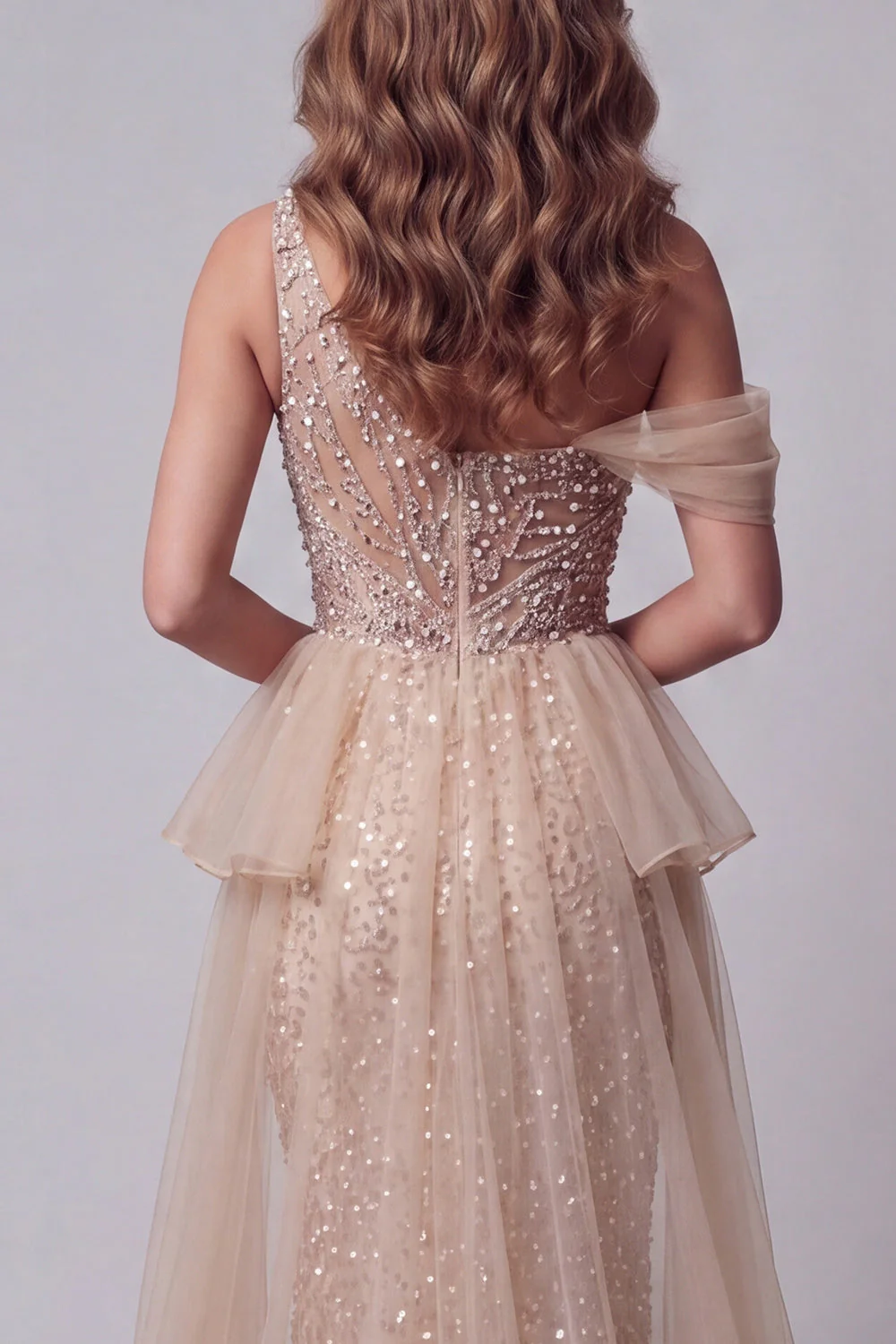 One Shoulder Champagne Beaded Mermiad Evening Dress with Cape - Image 4