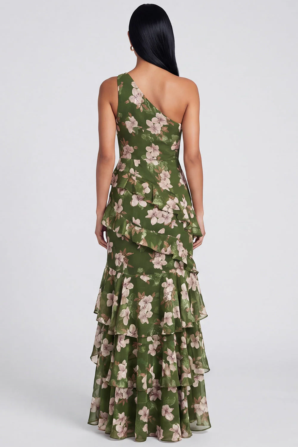 One Shoulder Dark Green Tiered Ruffle Sheath Floral Dress with Slit - Image 2