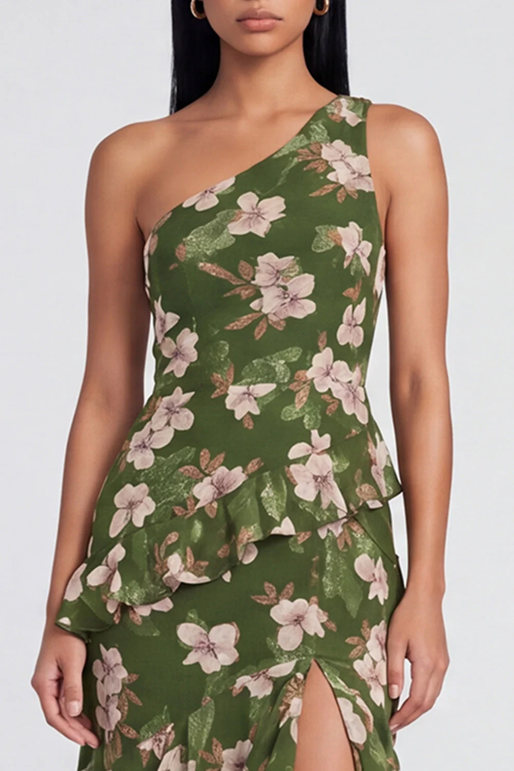 One Shoulder Dark Green Tiered Ruffle Sheath Floral Dress with Slit - Image 3