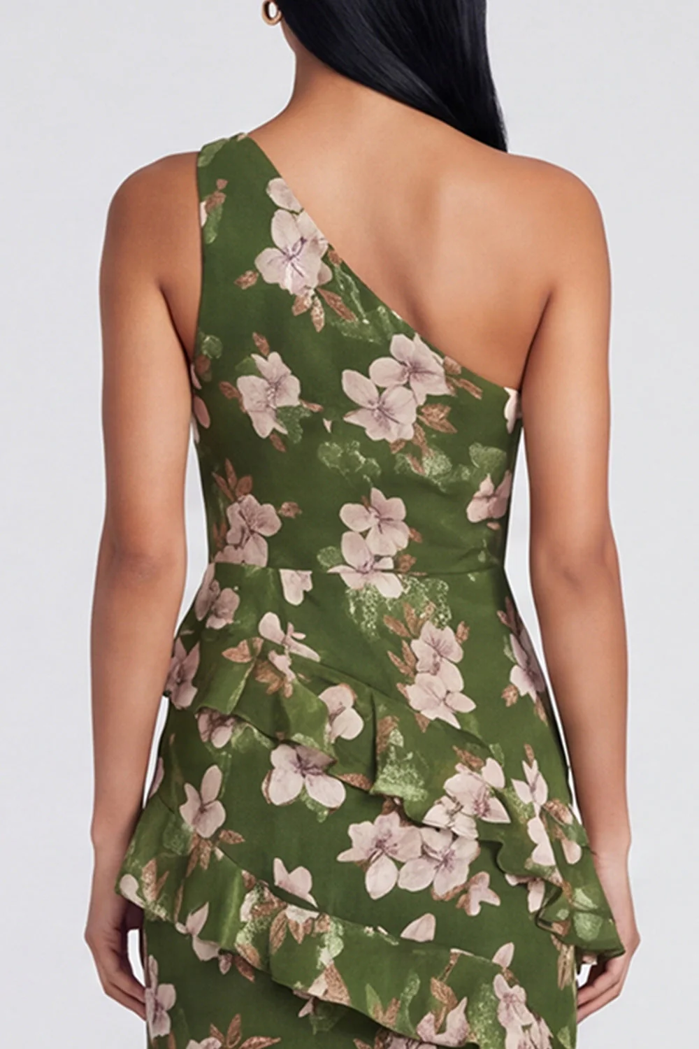 One Shoulder Dark Green Tiered Ruffle Sheath Floral Dress with Slit - Image 4