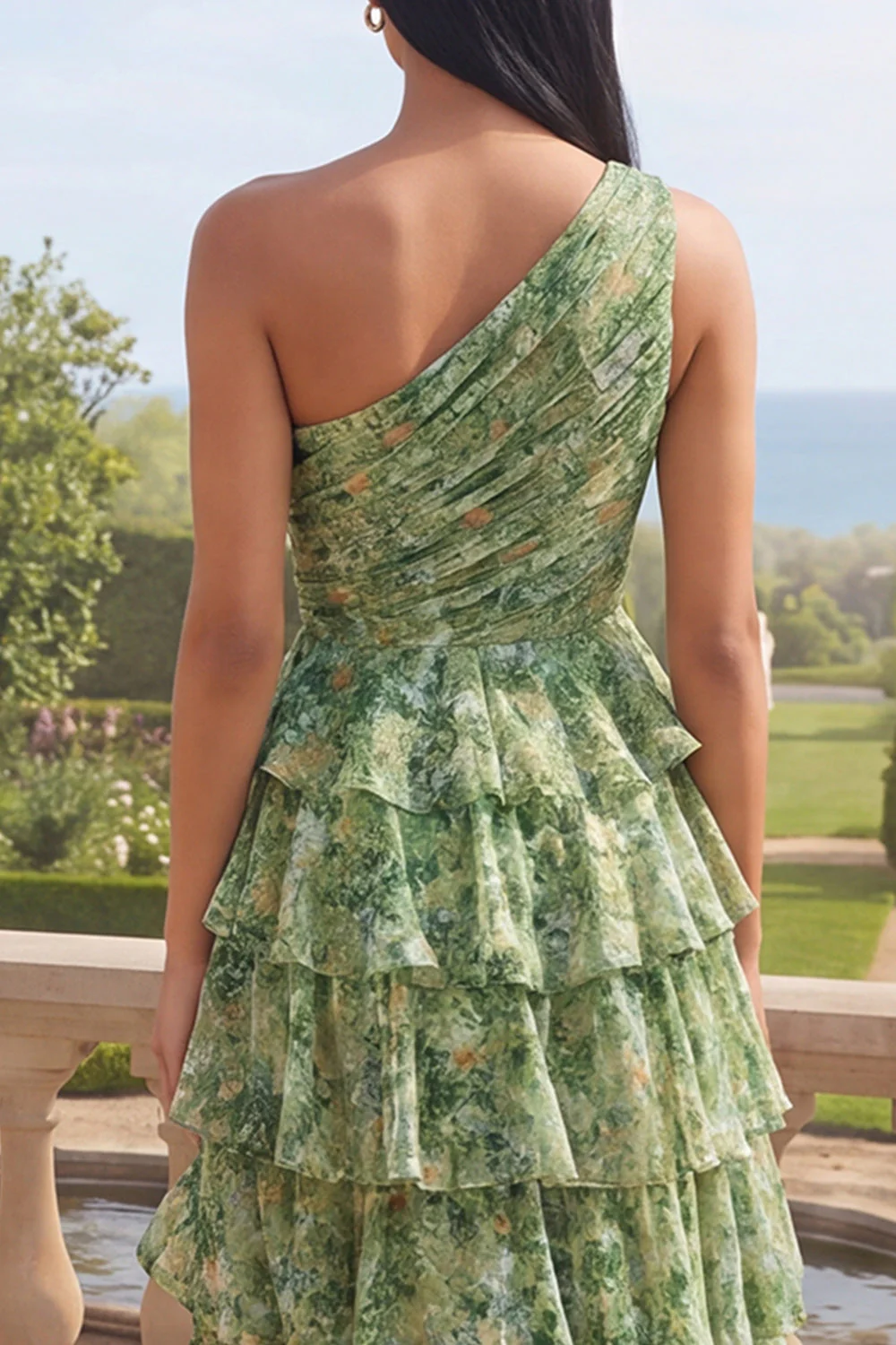 One Shoulder Dusty Green Tiered Ruffle A Line Maxi Floral Dress with Slit - Image 4