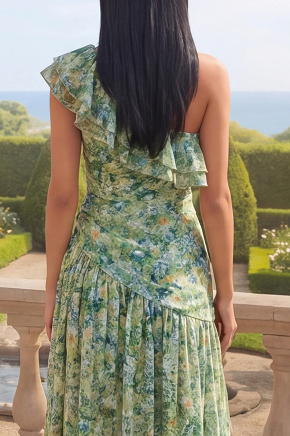 One Shoulder Dusty Green A Line Asymmetrical Ruffled Maxi Floral Dress - Image 4