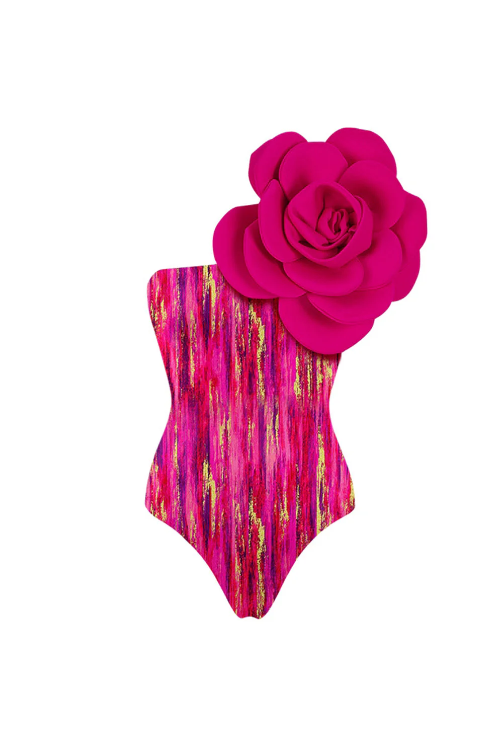 One Shoulder Fuchsia 3D Flower 2 Piece Swimsuit with Beach Dress - Image 2