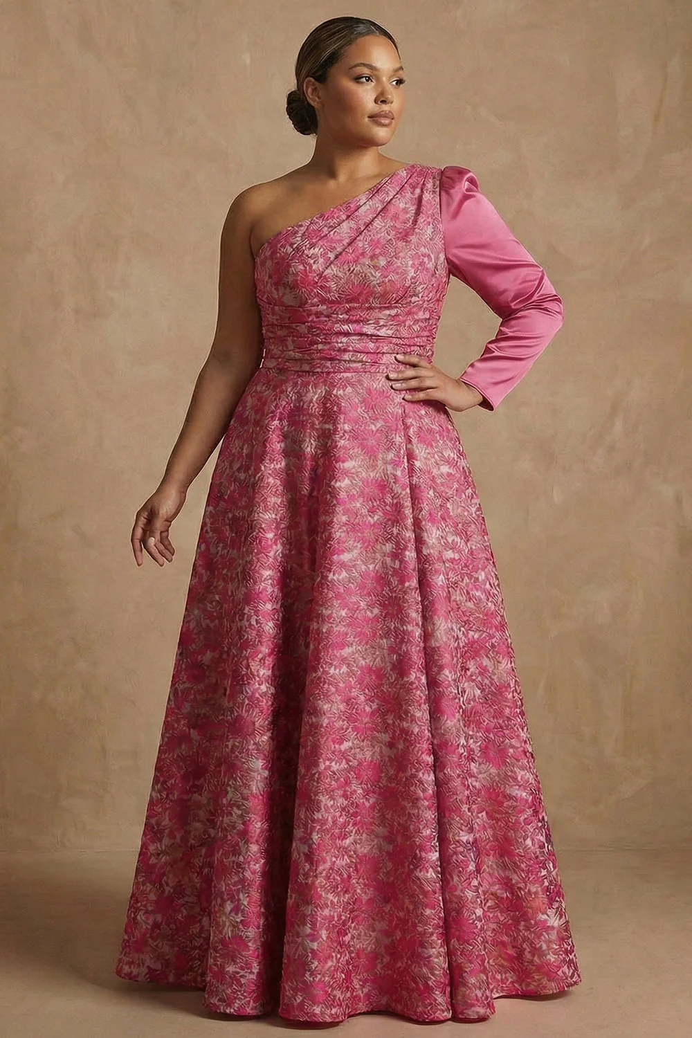 One Shoulder Fuchsia Floral A-Line Long Mother of the Bride Dress - Image 2