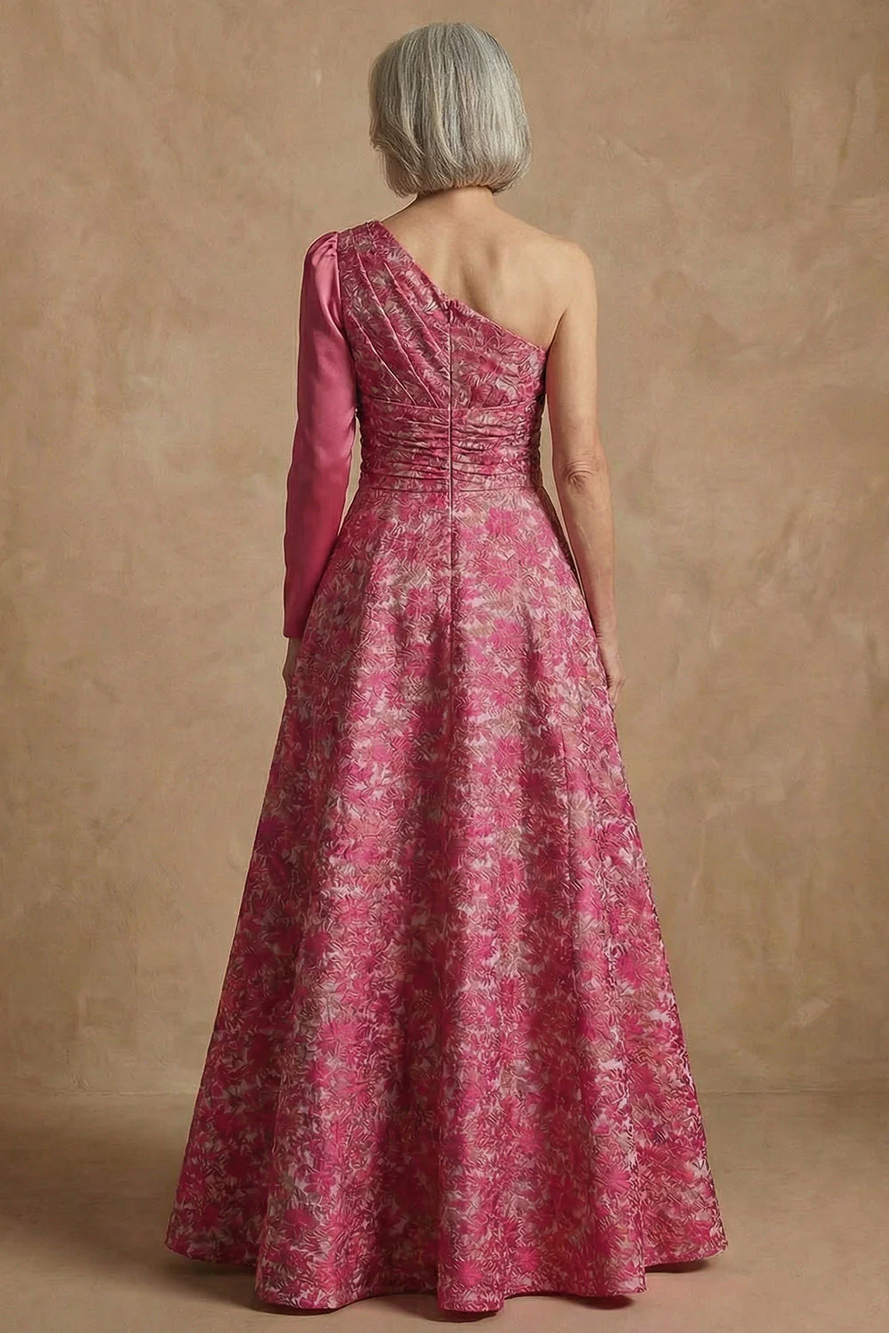 One Shoulder Fuchsia Floral A-Line Long Mother of the Bride Dress - Image 3