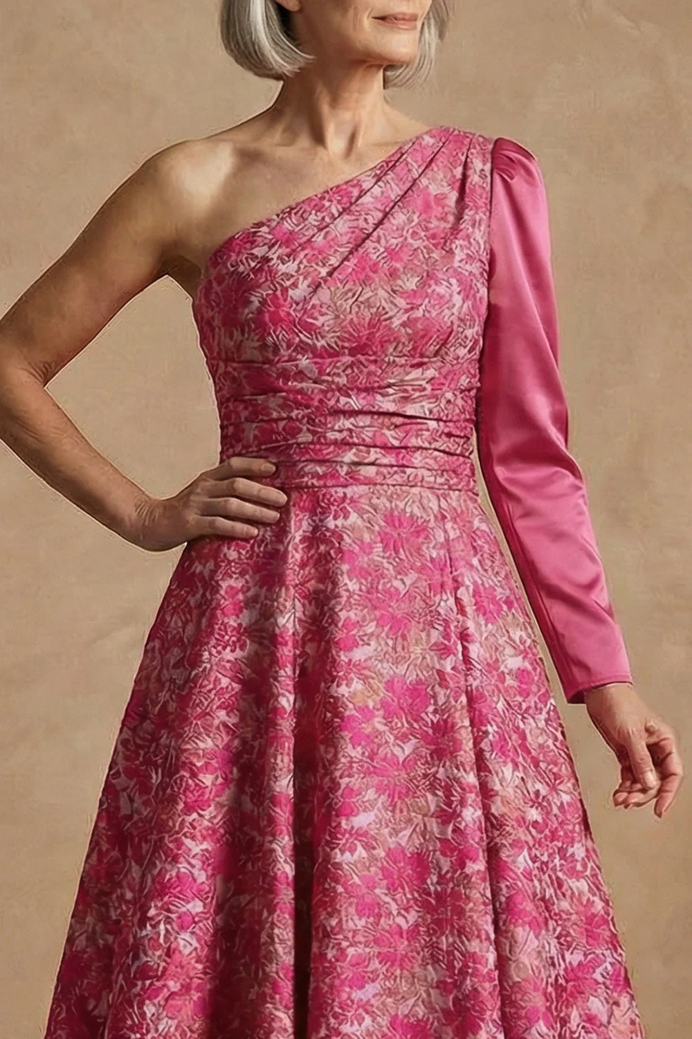 One Shoulder Fuchsia Floral A-Line Long Mother of the Bride Dress - Image 4