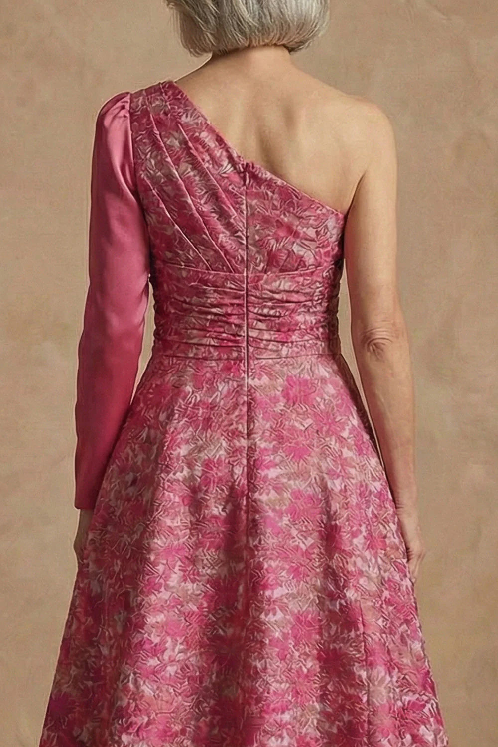 One Shoulder Fuchsia Floral A-Line Long Mother of the Bride Dress - Image 5
