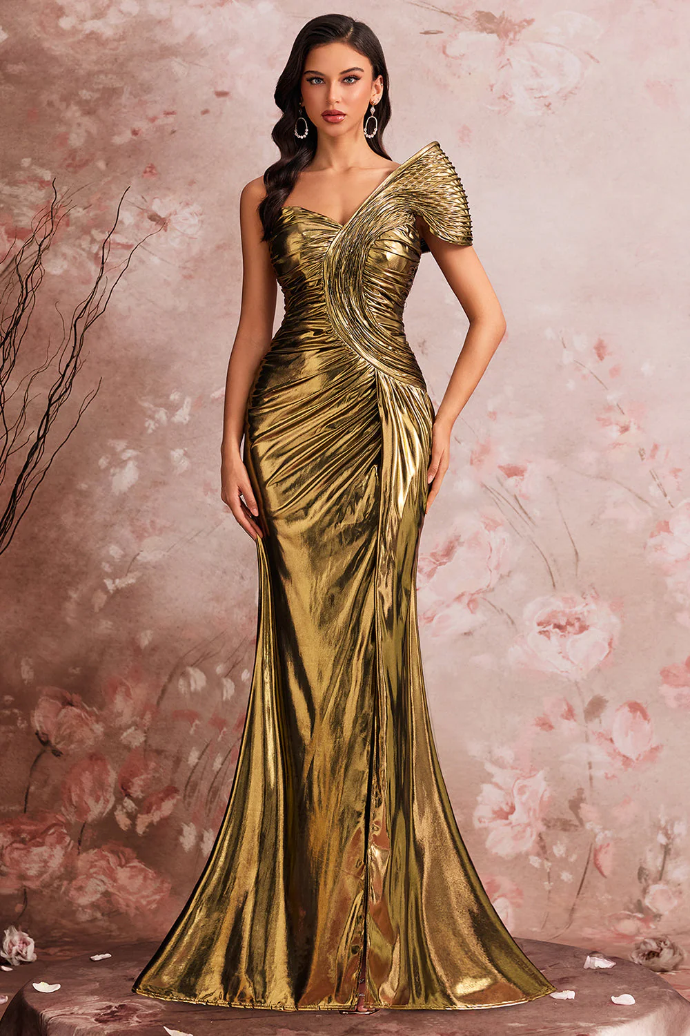 One Shoulder Golden Mermaid Pleated Prom Dress - Image 5