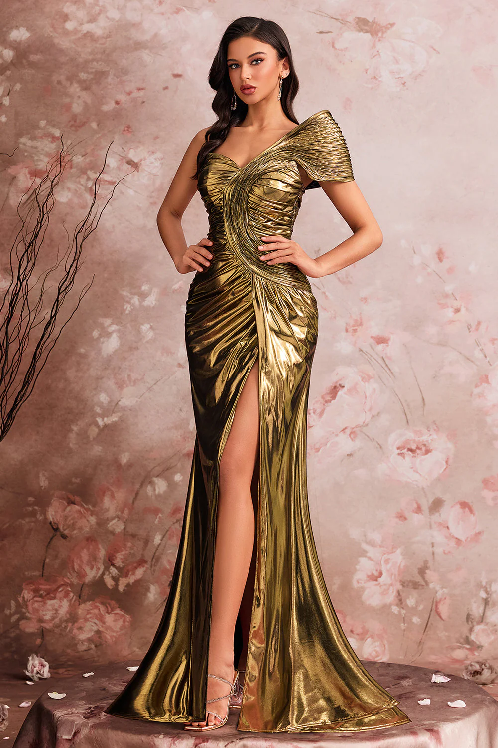 One Shoulder Golden Mermaid Pleated Prom Dress - Image 6