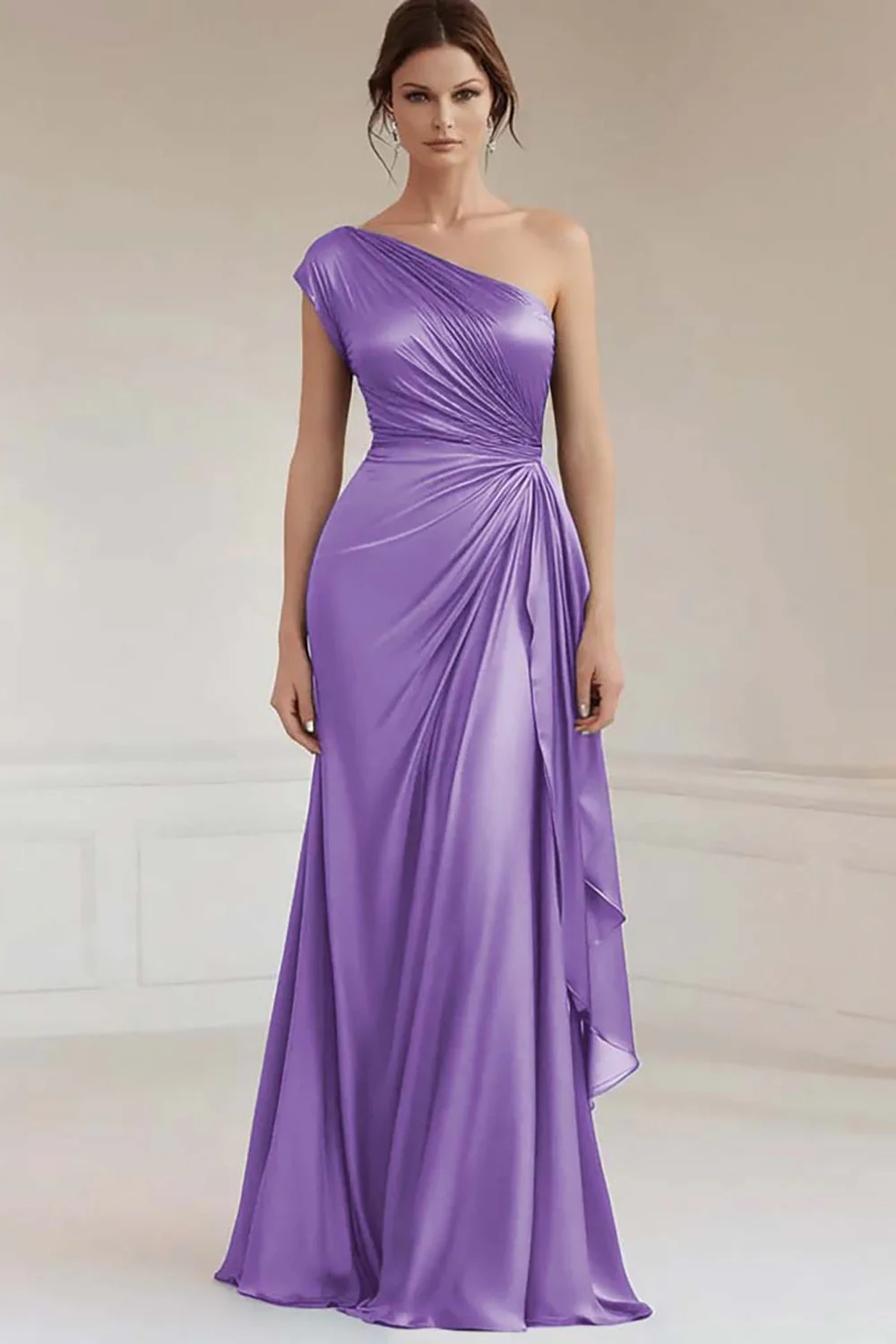 One Shoulder Grey Blue Ruched Evening Dress - Image 10