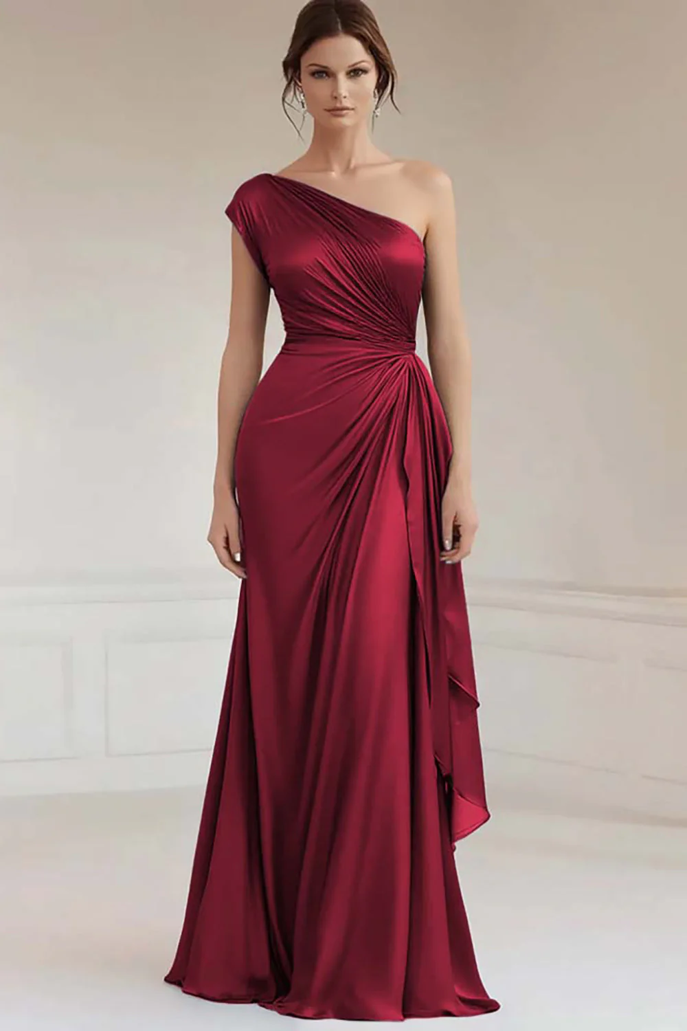 One Shoulder Grey Blue Ruched Evening Dress - Image 3