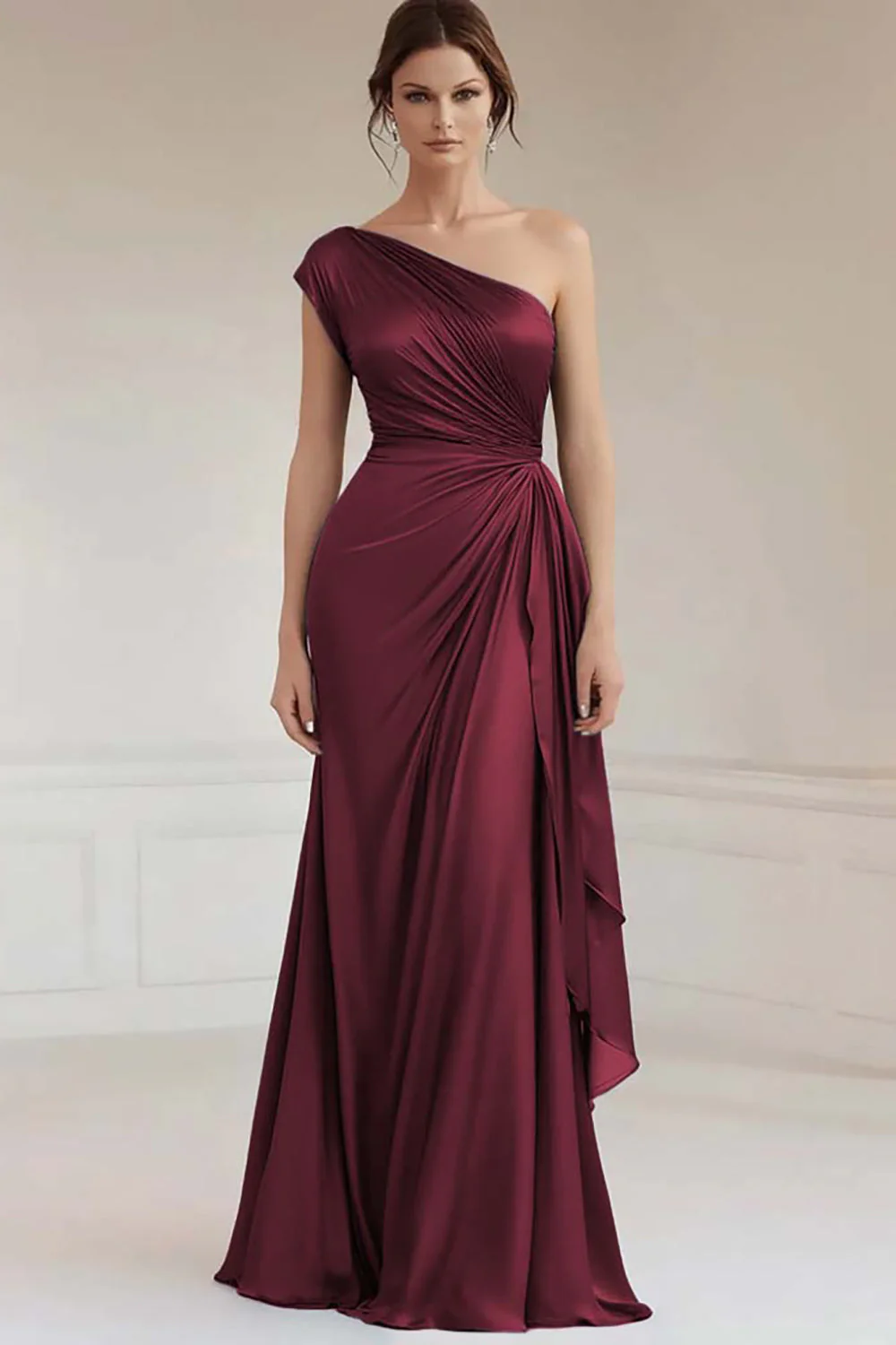One Shoulder Grey Blue Ruched Evening Dress - Image 4