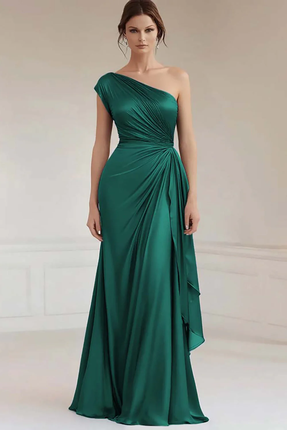 One Shoulder Grey Blue Ruched Evening Dress - Image 5