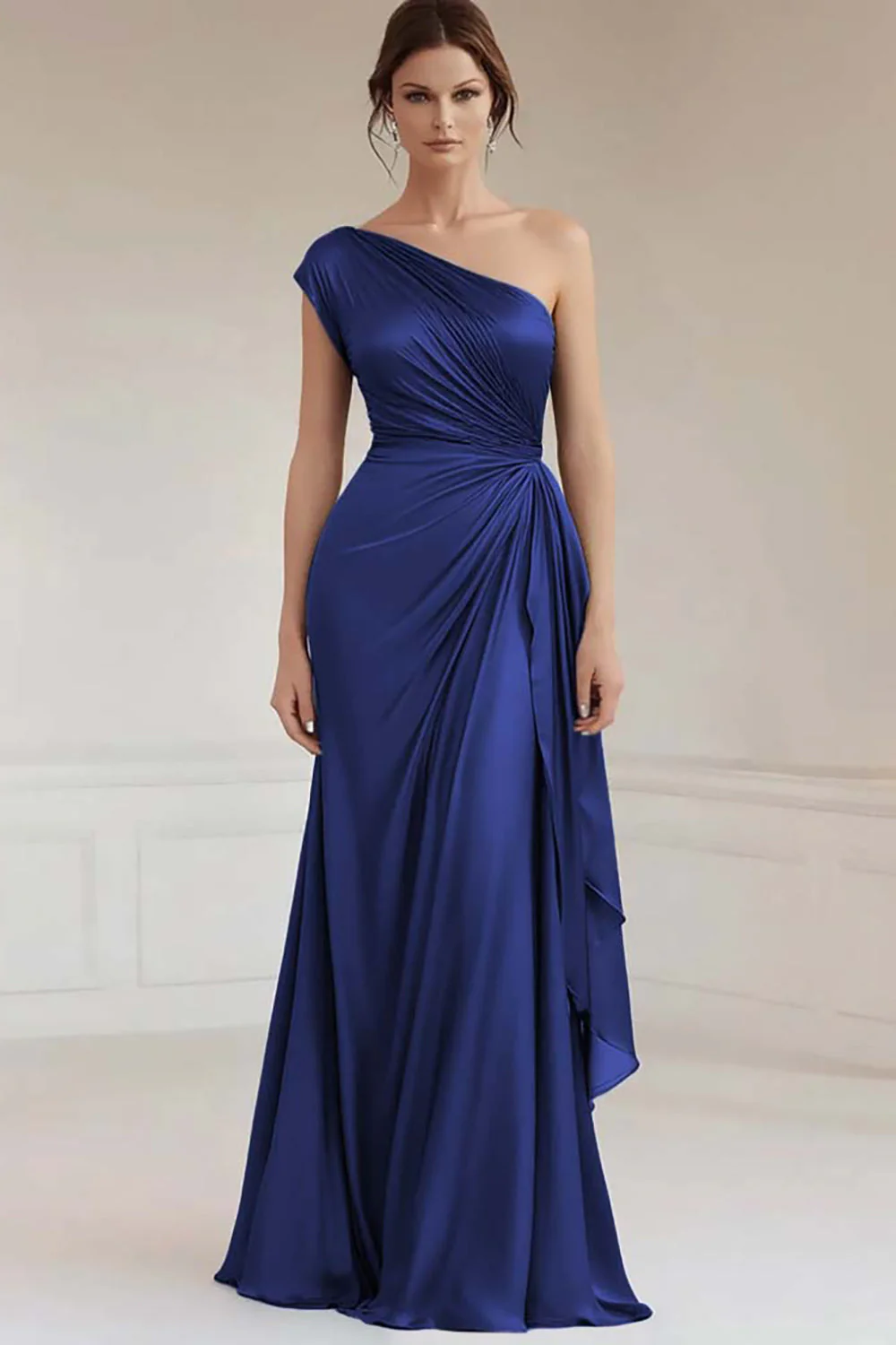 One Shoulder Grey Blue Ruched Evening Dress - Image 6